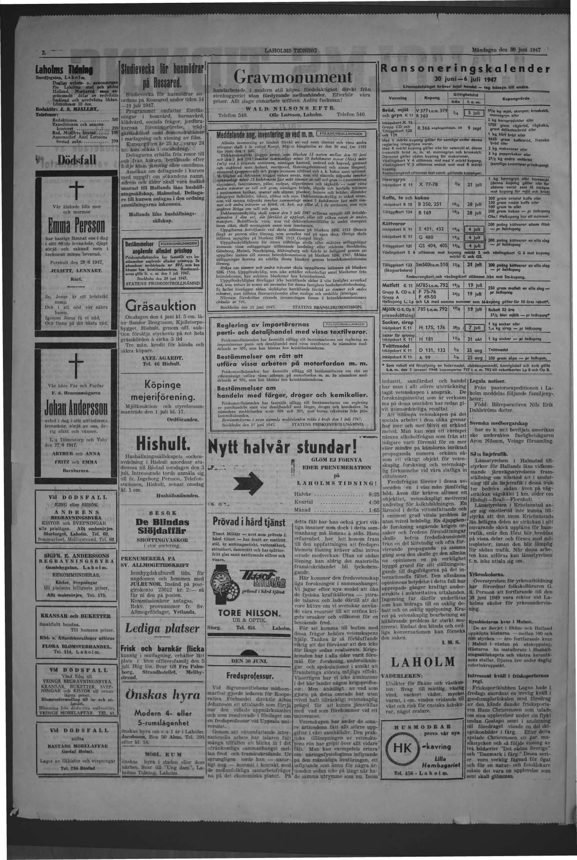Laholms Tidning Måndag 30 juni 1947, sida 2