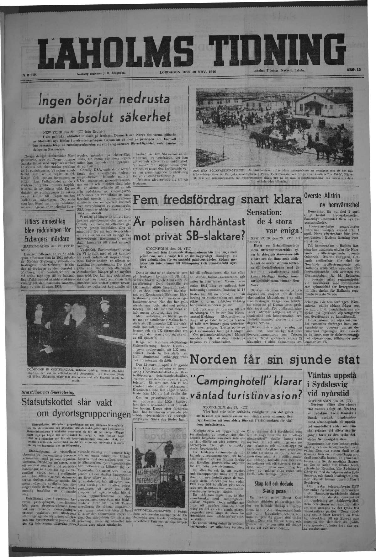 Laholms Tidning Lördag 30 november 1946, sida 1