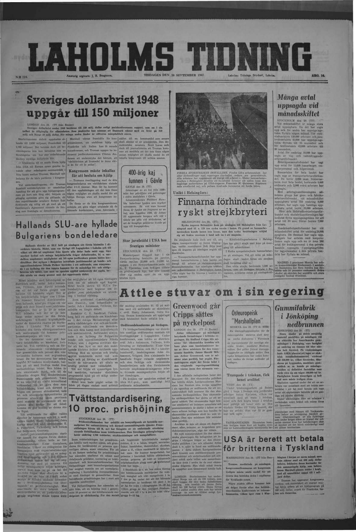 Laholms Tidning Tisdag 30 september 1947, sida 1