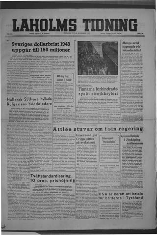 Förstasidan, Tisdag 30 september 1947