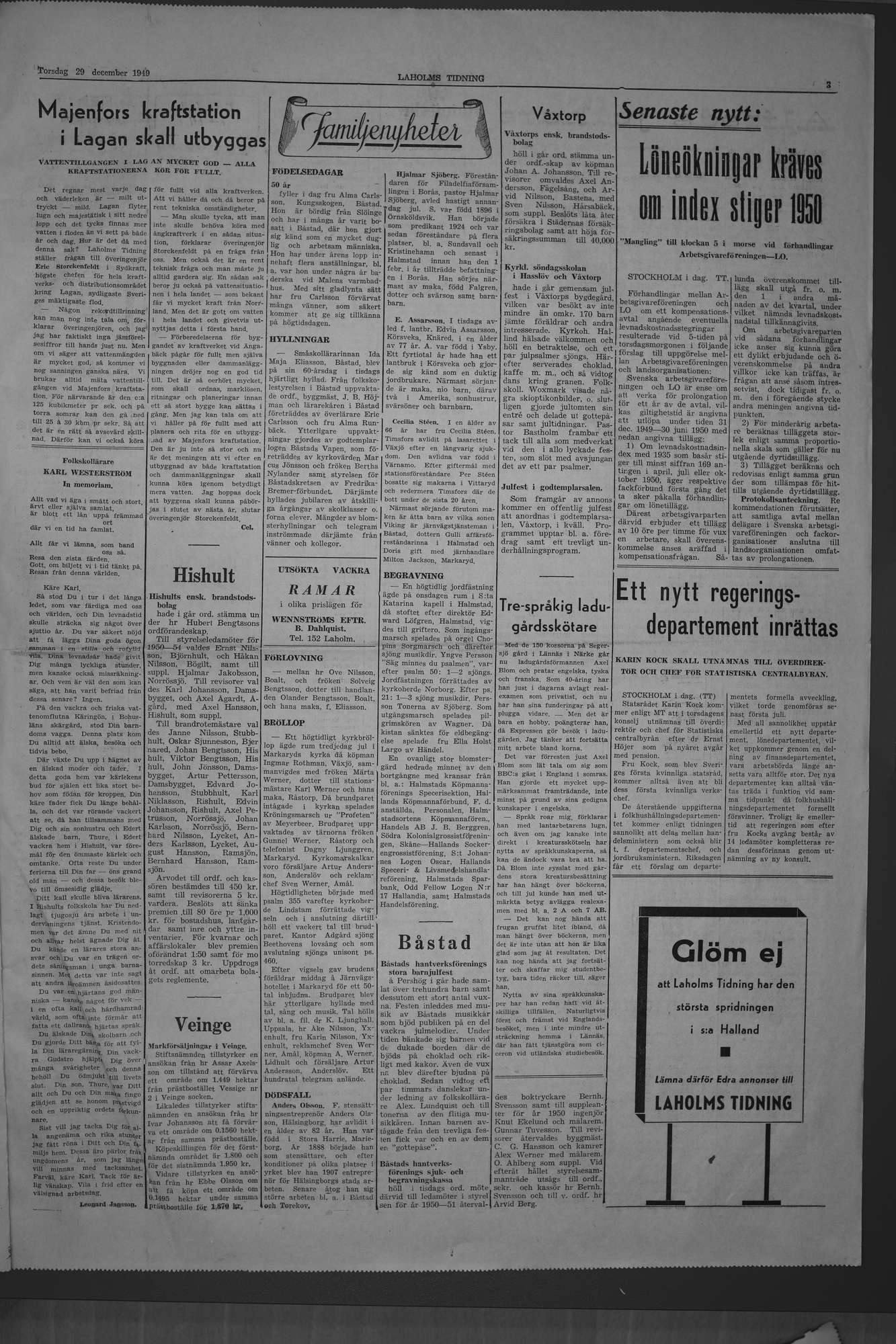 Laholms Tidning Torsdag 29 december 1949, sida 3