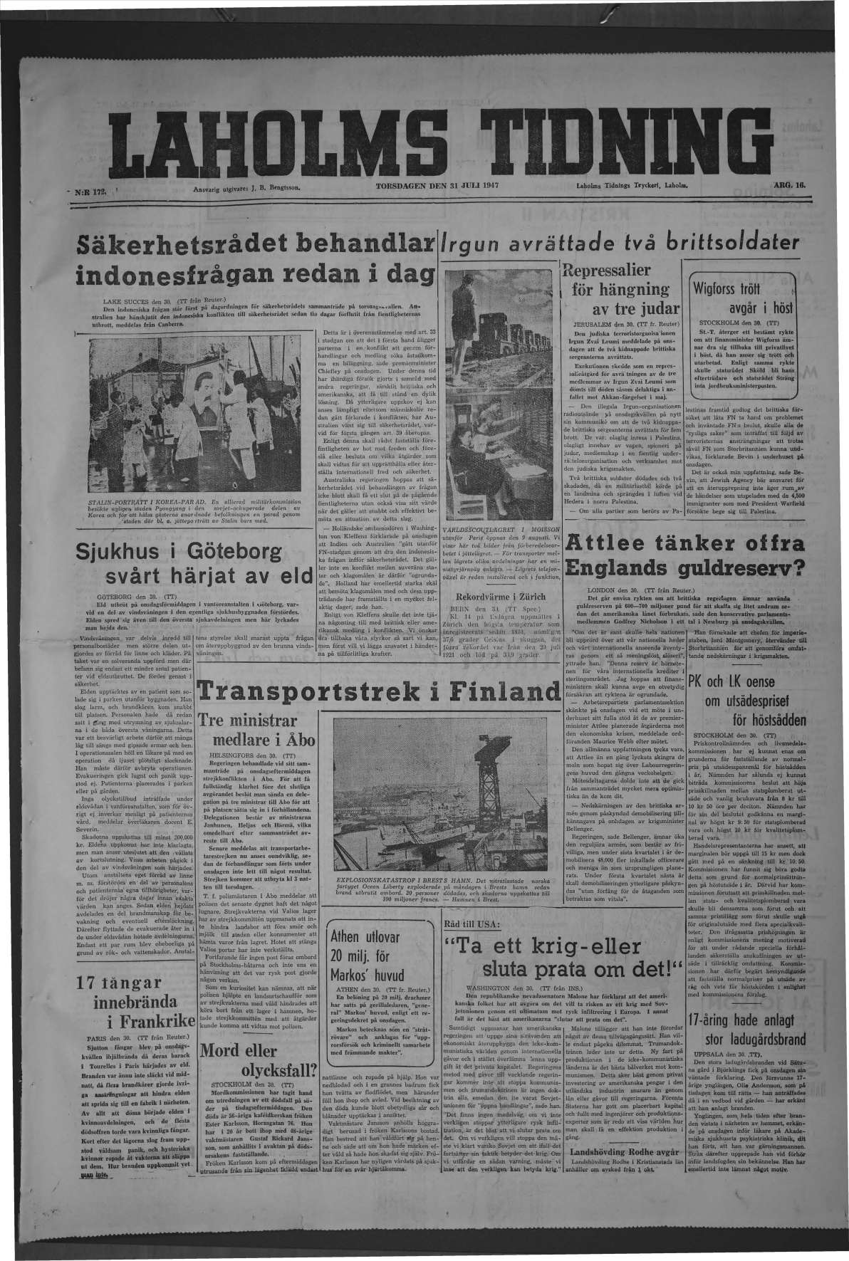 Laholms Tidning Torsdag 31 juli 1947, sida 1
