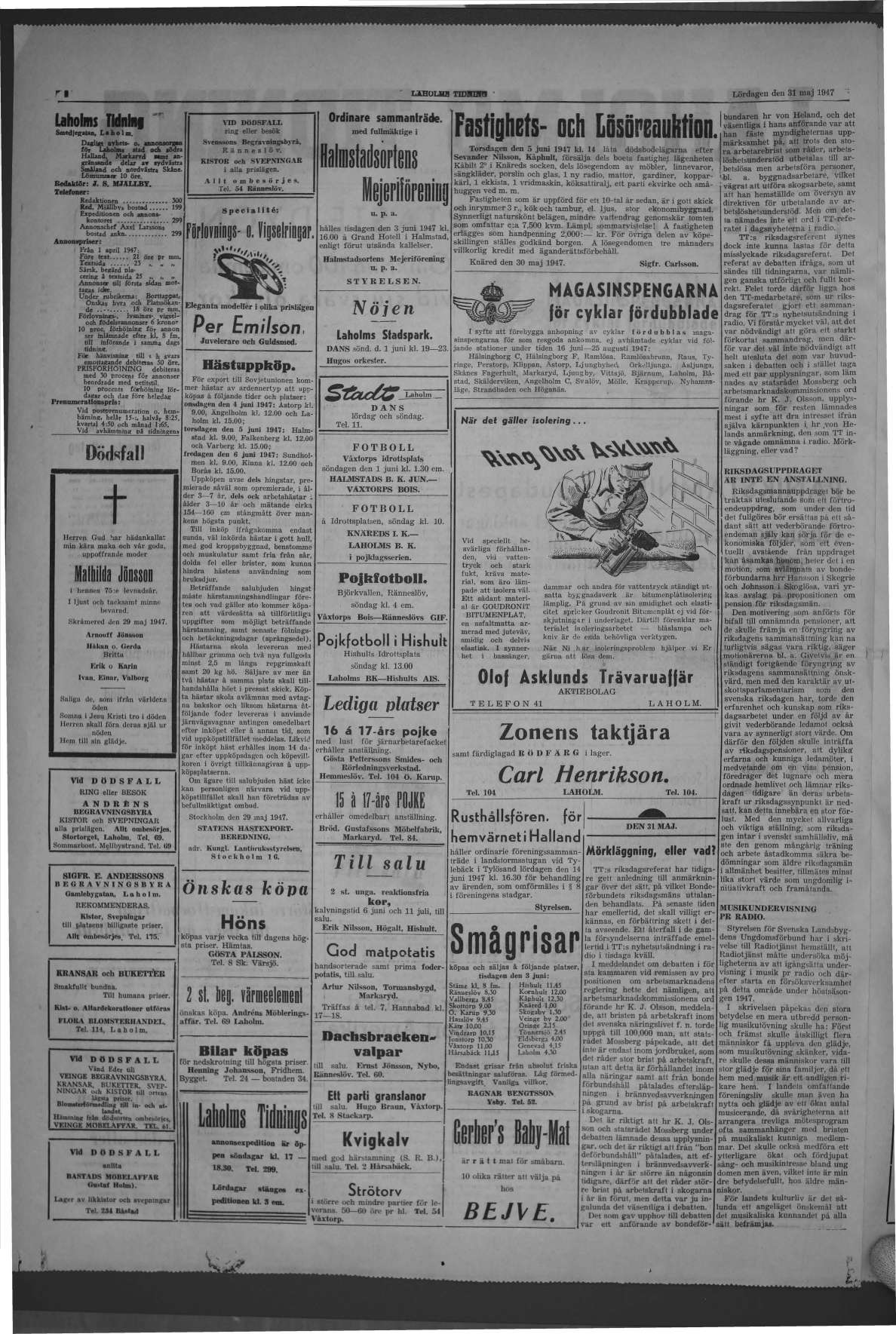 Laholms Tidning Lördag 31 maj 1947, sida 2
