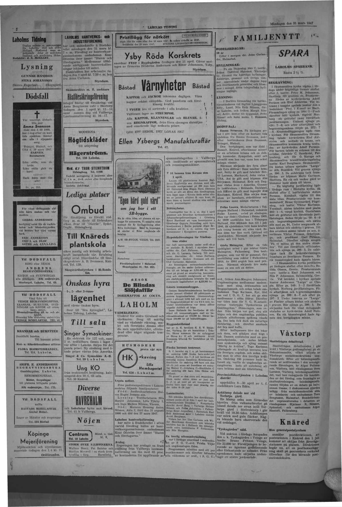 Laholms Tidning Måndag 31 mars 1947, sida 2