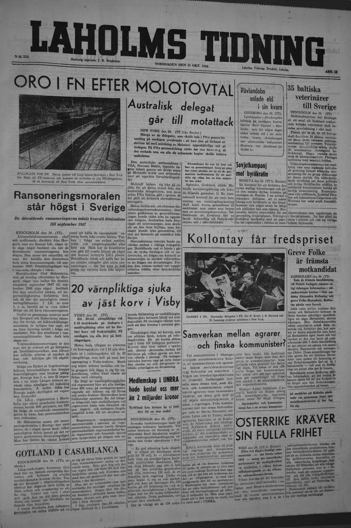 Laholms Tidning Torsdag 31 oktober 1946, sida 1