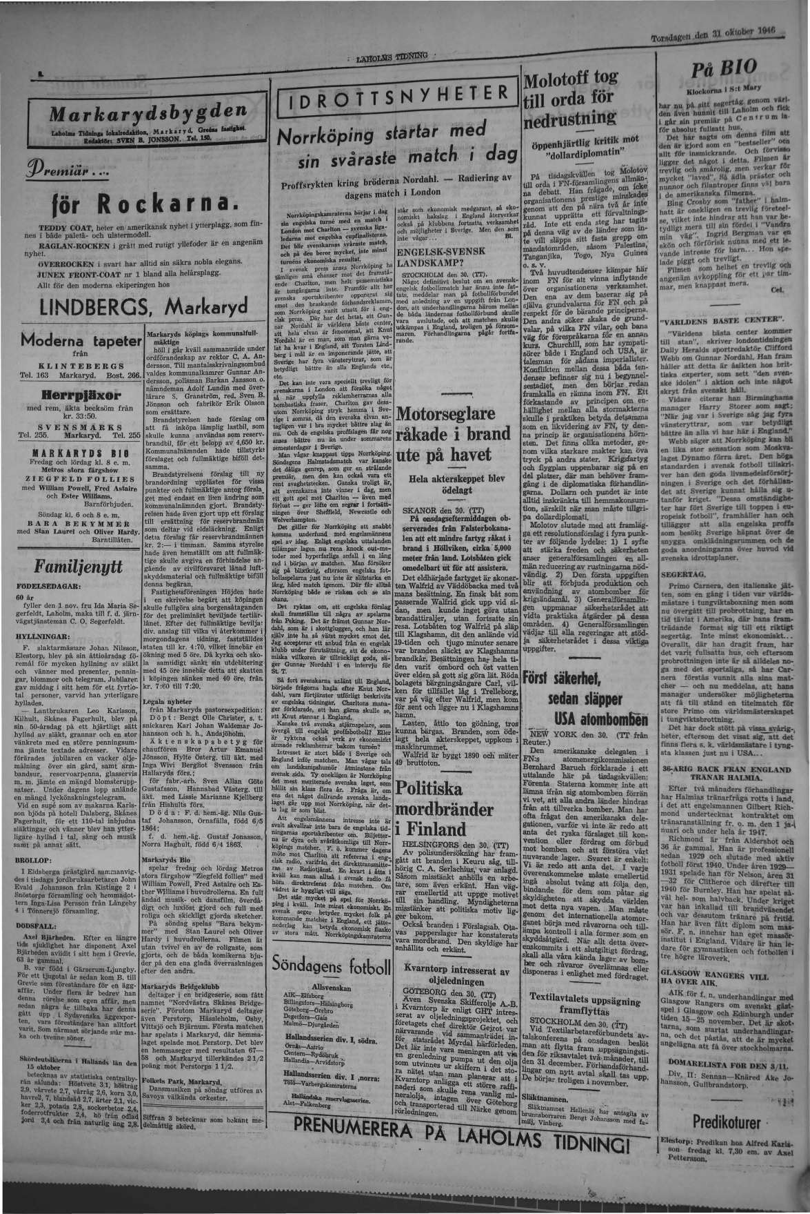 Laholms Tidning Torsdag 31 oktober 1946, sida 4