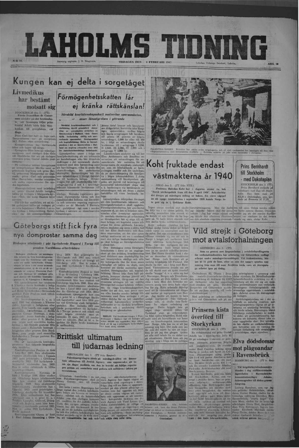 Laholms Tidning Tisdag 4 februari 1947, sida 1
