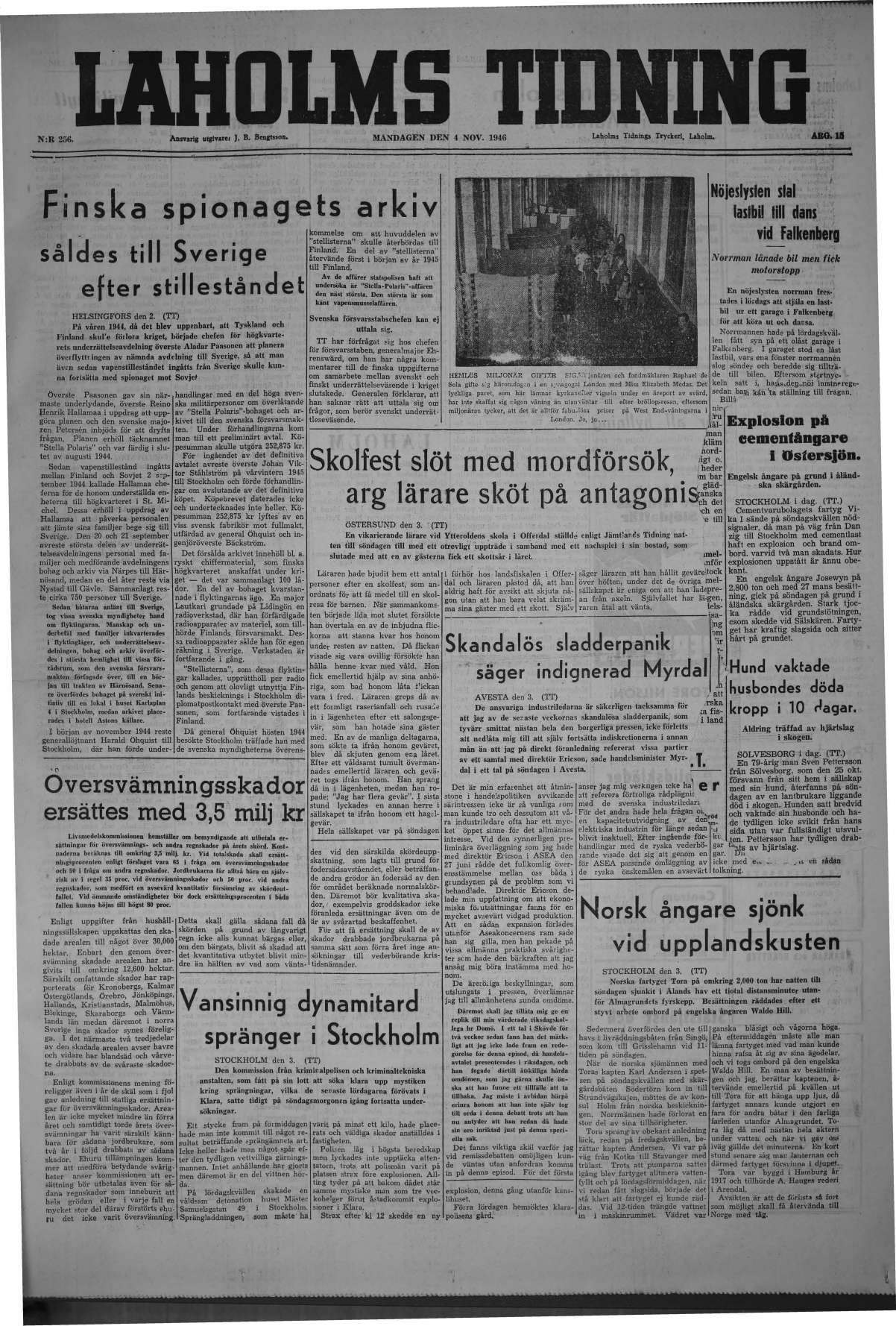 Laholms Tidning Måndag 4 november 1946, sida 1