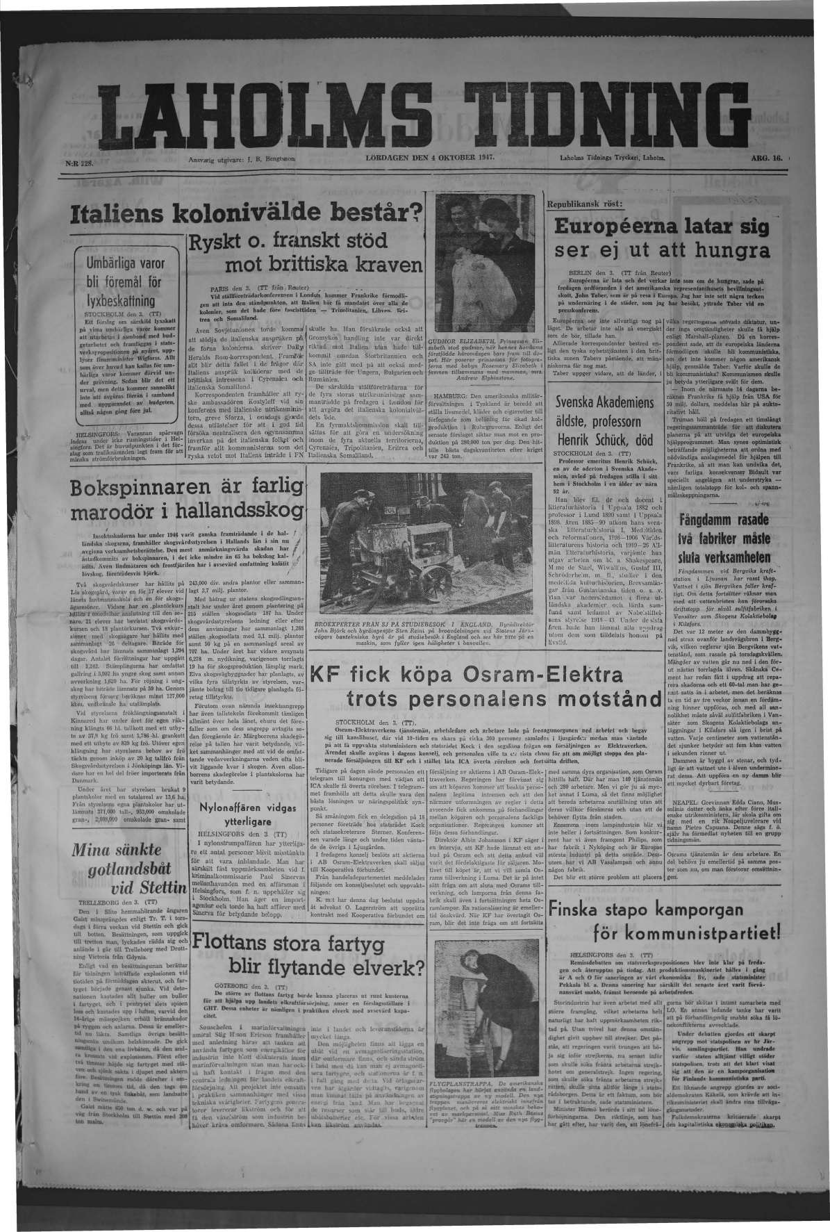 Laholms Tidning Lördag 4 oktober 1947, sida 1