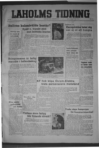 Förstasidan, Lördag 4 oktober 1947