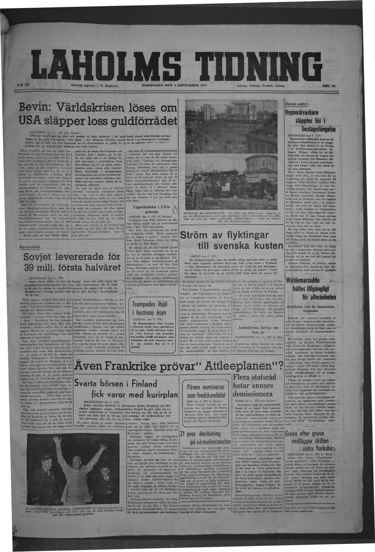 Laholms Tidning Torsdag 4 september 1947, sida 1