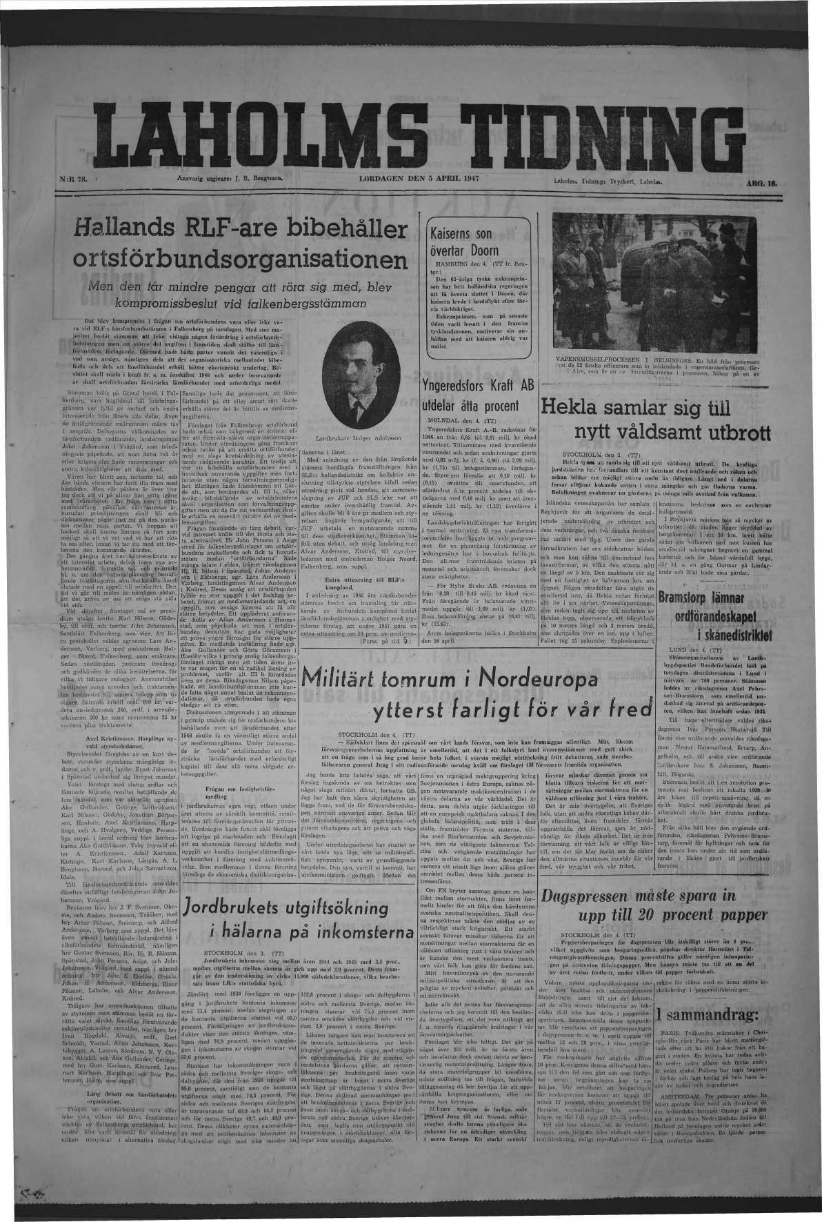 Laholms Tidning Lördag 5 april 1947, sida 1