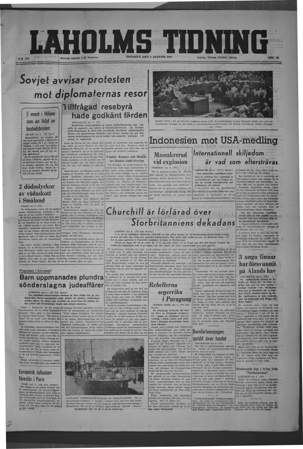 Laholms Tidning Tisdag 5 augusti 1947, sida 1