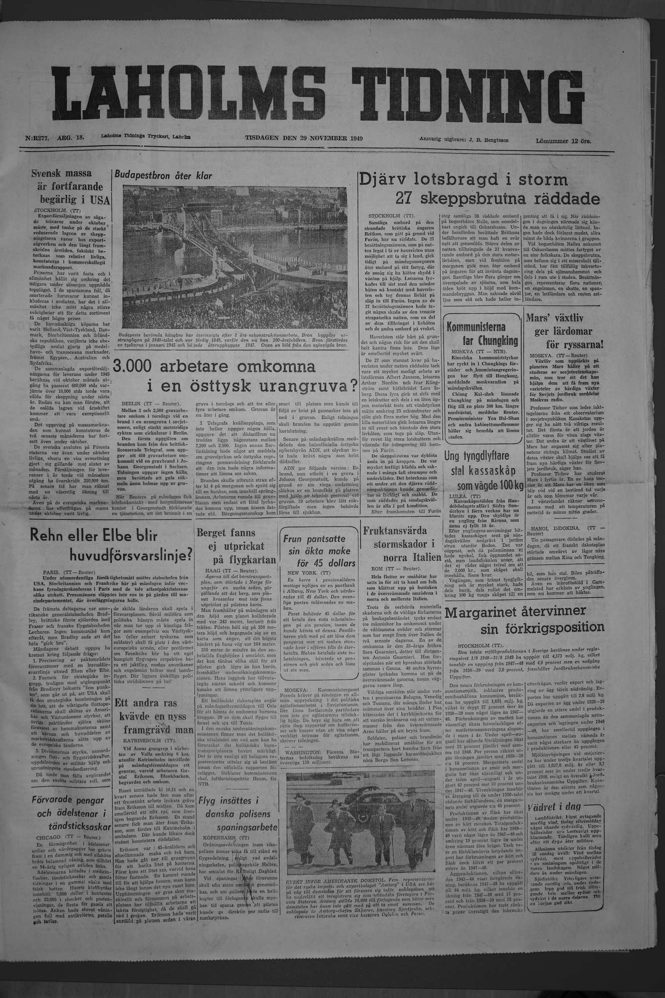 Laholms Tidning Tisdag 29 november 1949, sida 1