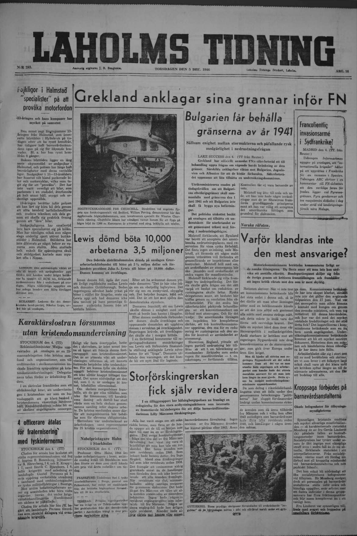 Laholms Tidning Torsdag 5 december 1946, sida 1