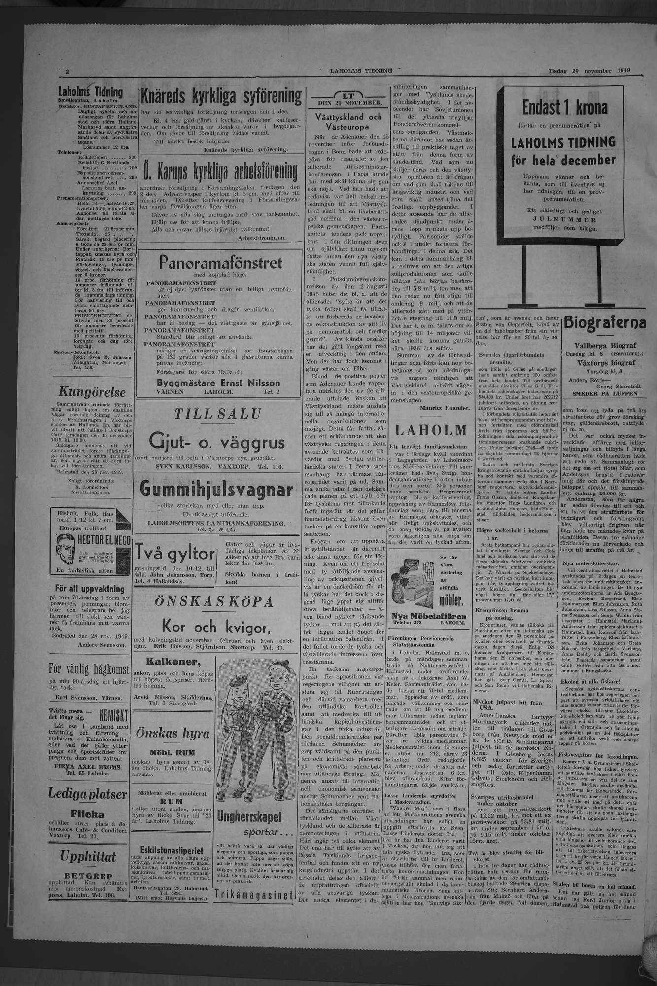 Laholms Tidning Tisdag 29 november 1949, sida 2