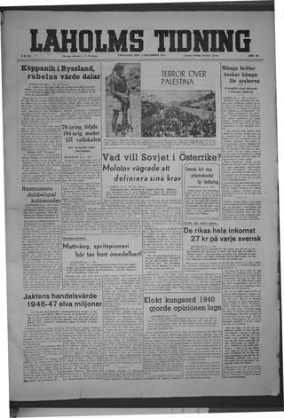Förstasidan, Fredag 5 december 1947