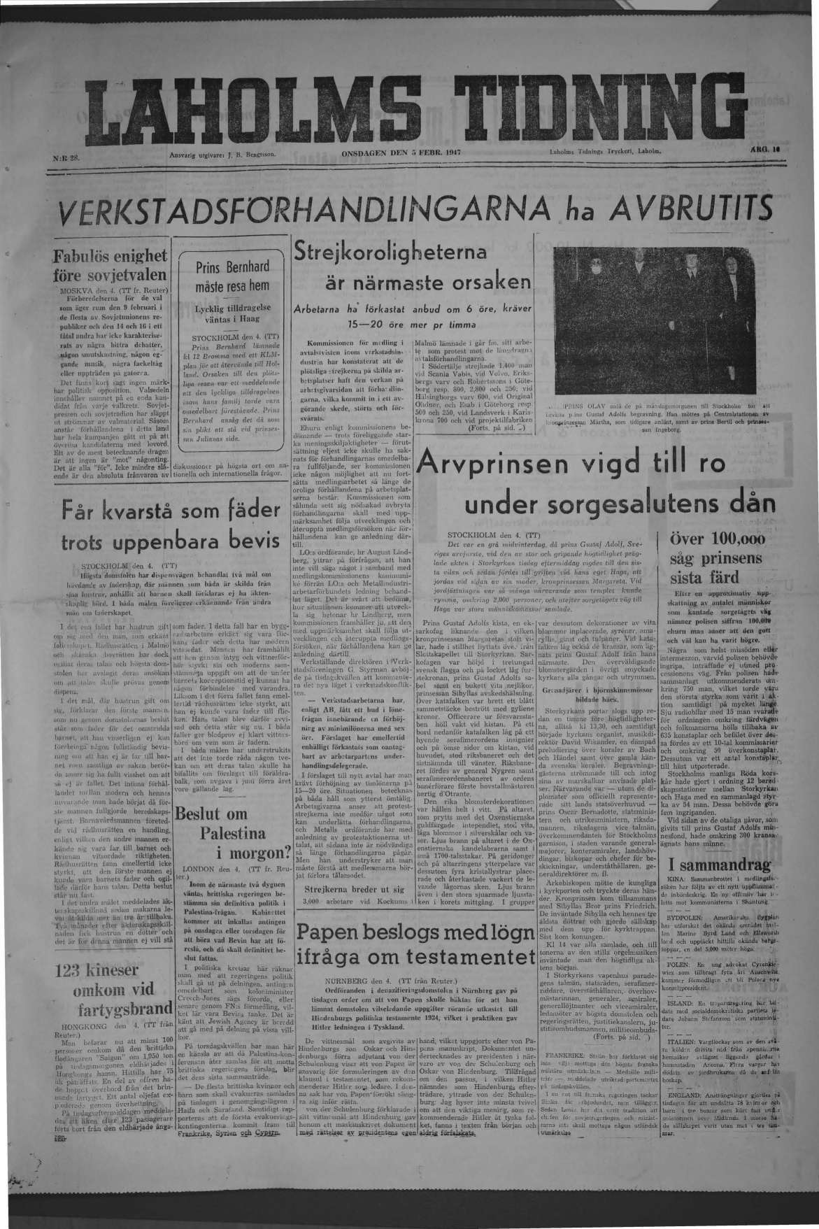 Laholms Tidning Onsdag 5 februari 1947, sida 1