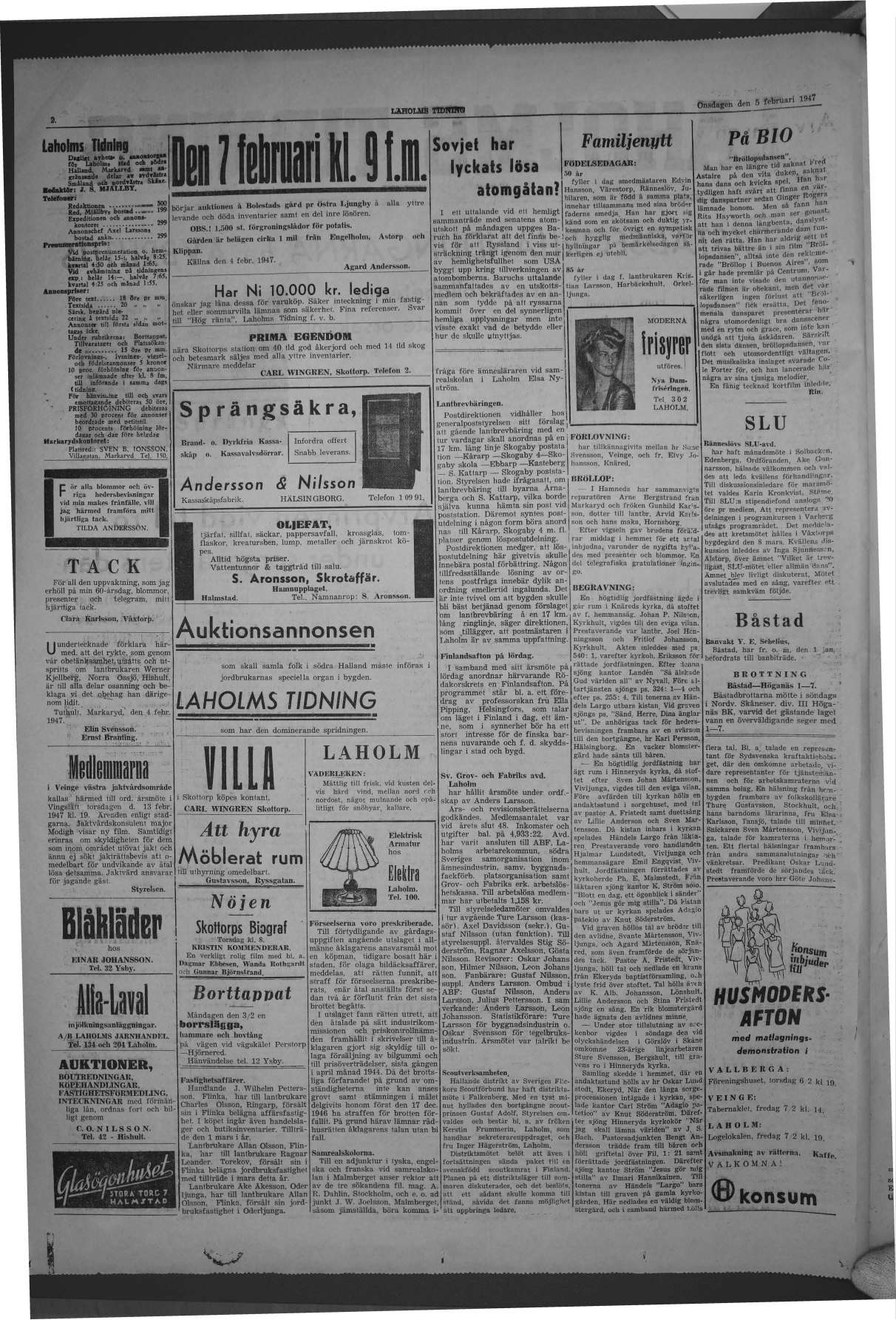 Laholms Tidning Onsdag 5 februari 1947, sida 2