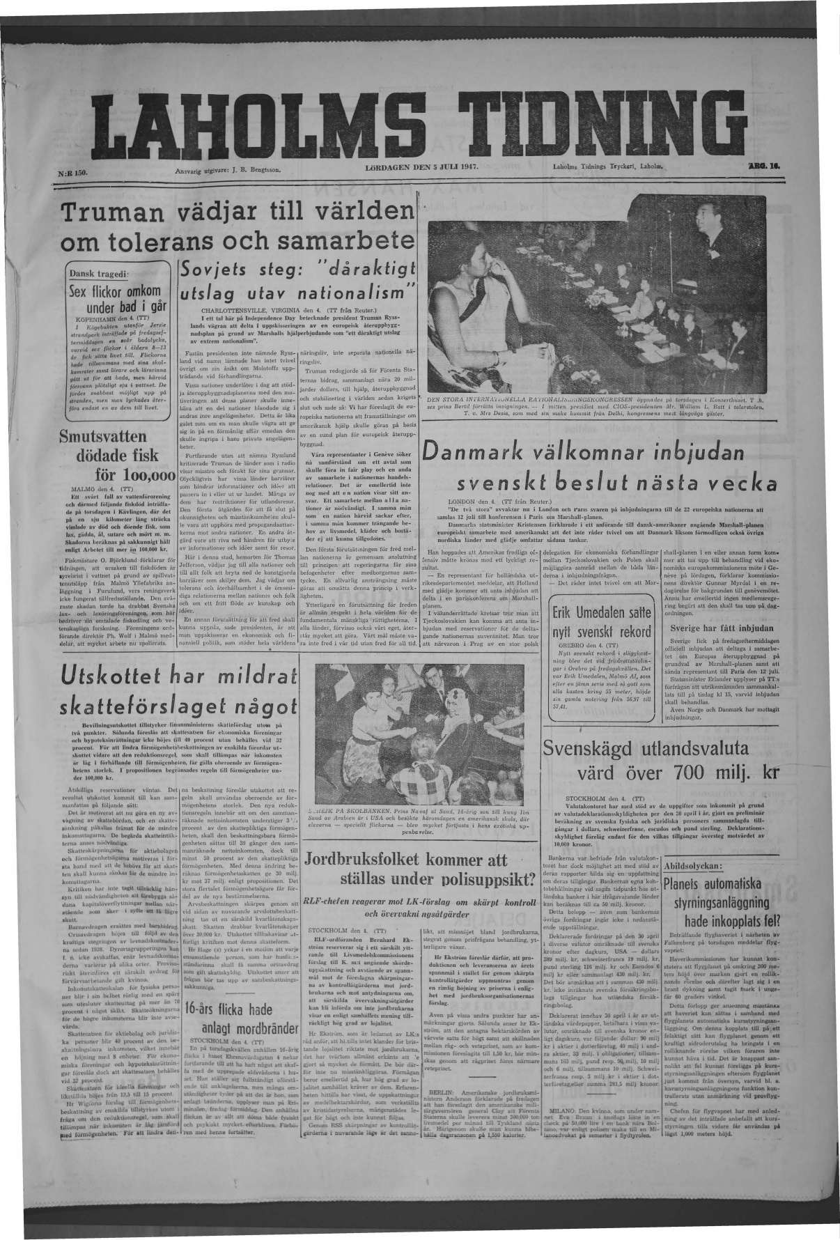 Laholms Tidning Lördag 5 juli 1947, sida 1