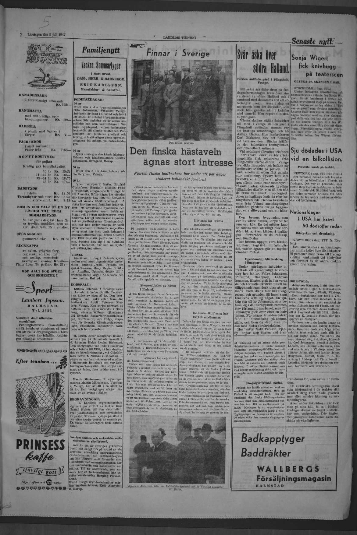 Laholms Tidning Lördag 5 juli 1947, sida 3
