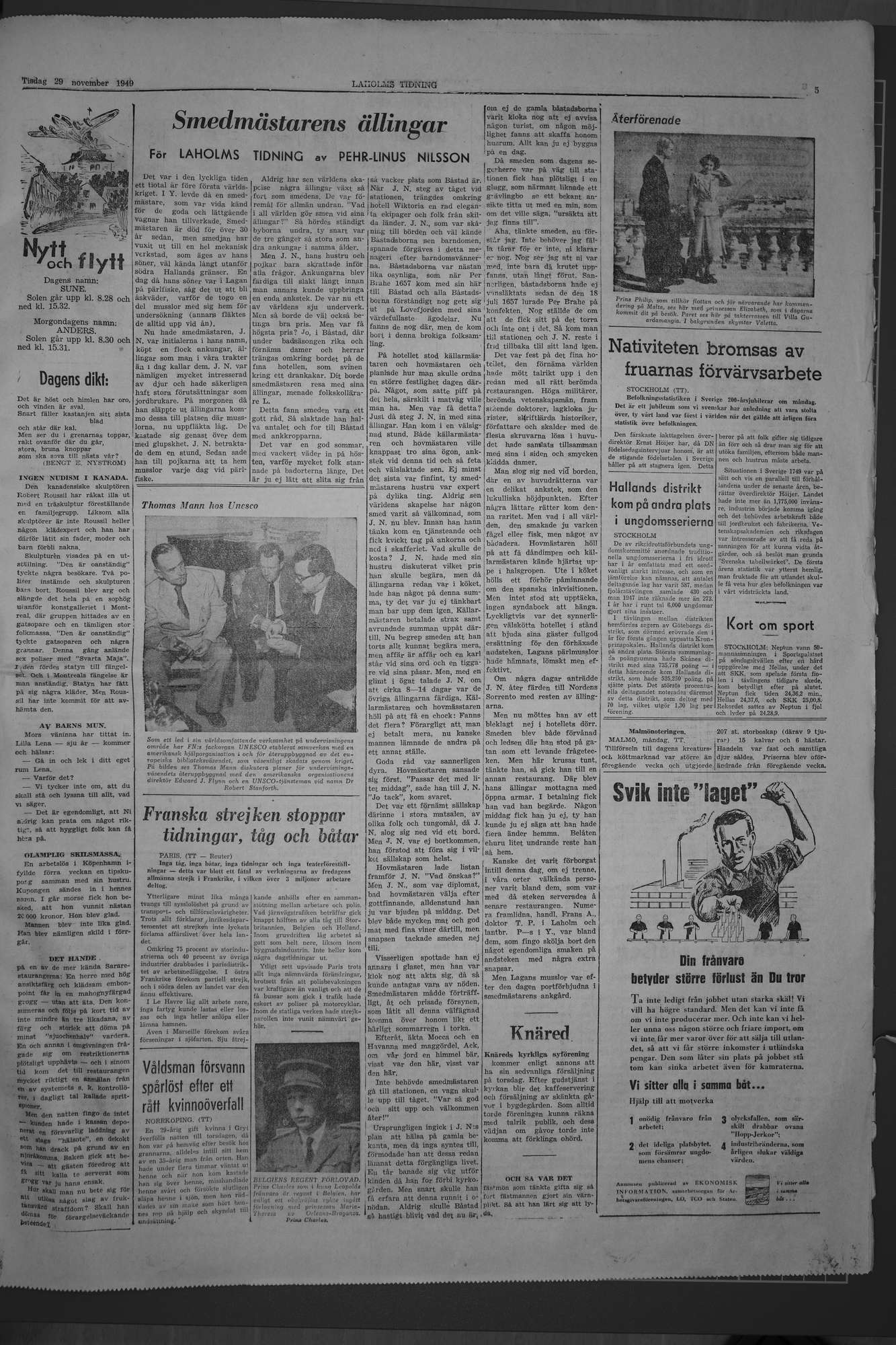 Laholms Tidning Tisdag 29 november 1949, sida 5