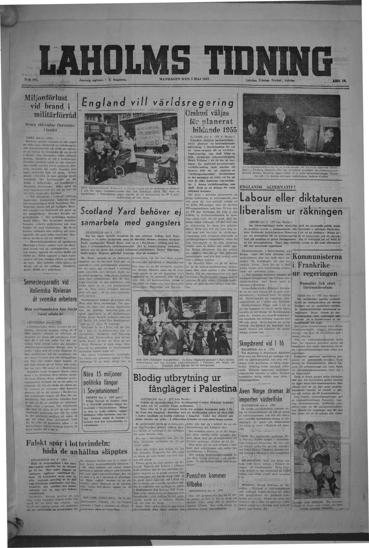 Laholms Tidning Måndag 5 maj 1947, sida 1