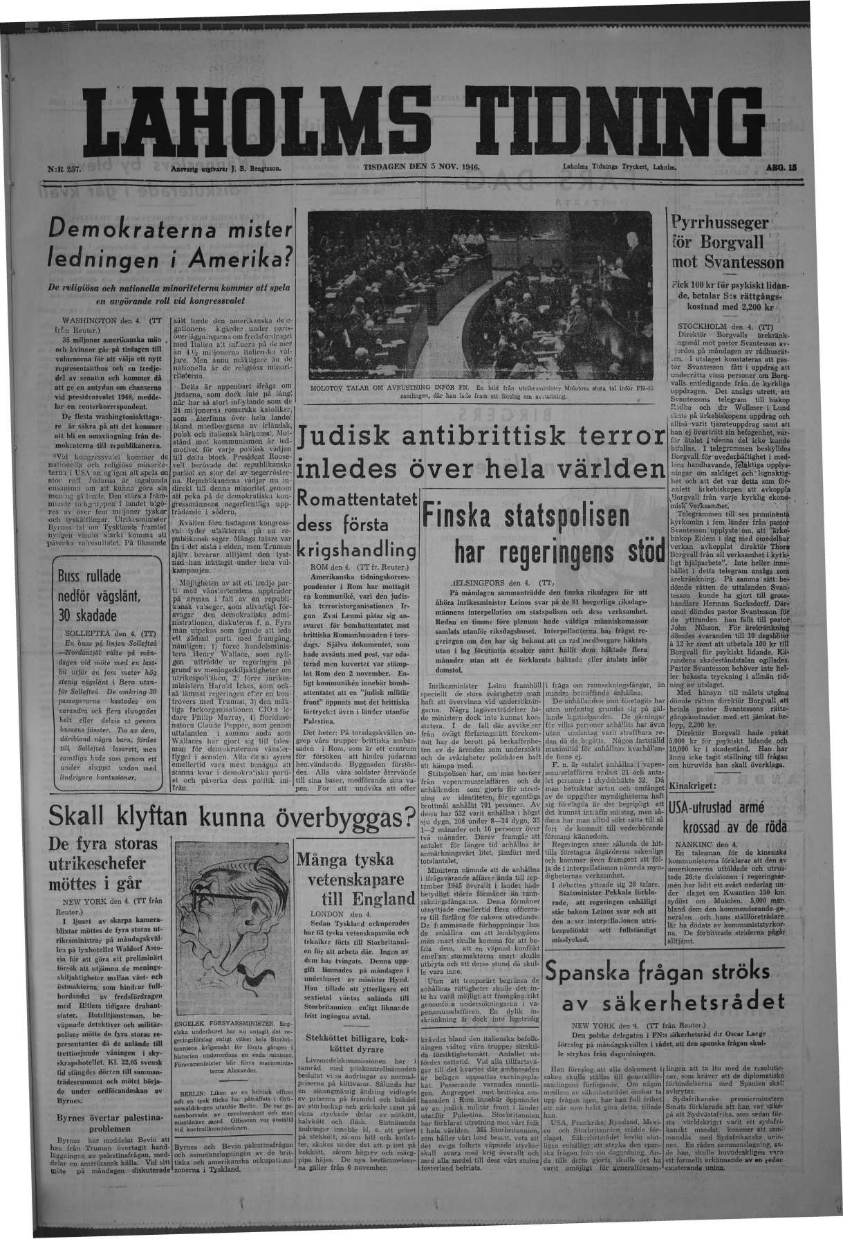 Laholms Tidning Tisdag 5 november 1946, sida 1