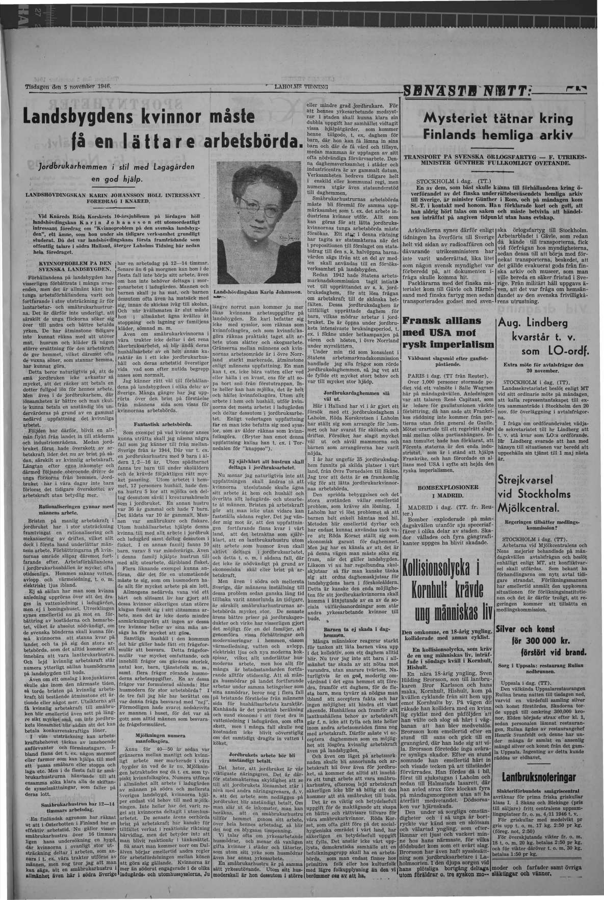 Laholms Tidning Tisdag 5 november 1946, sida 3