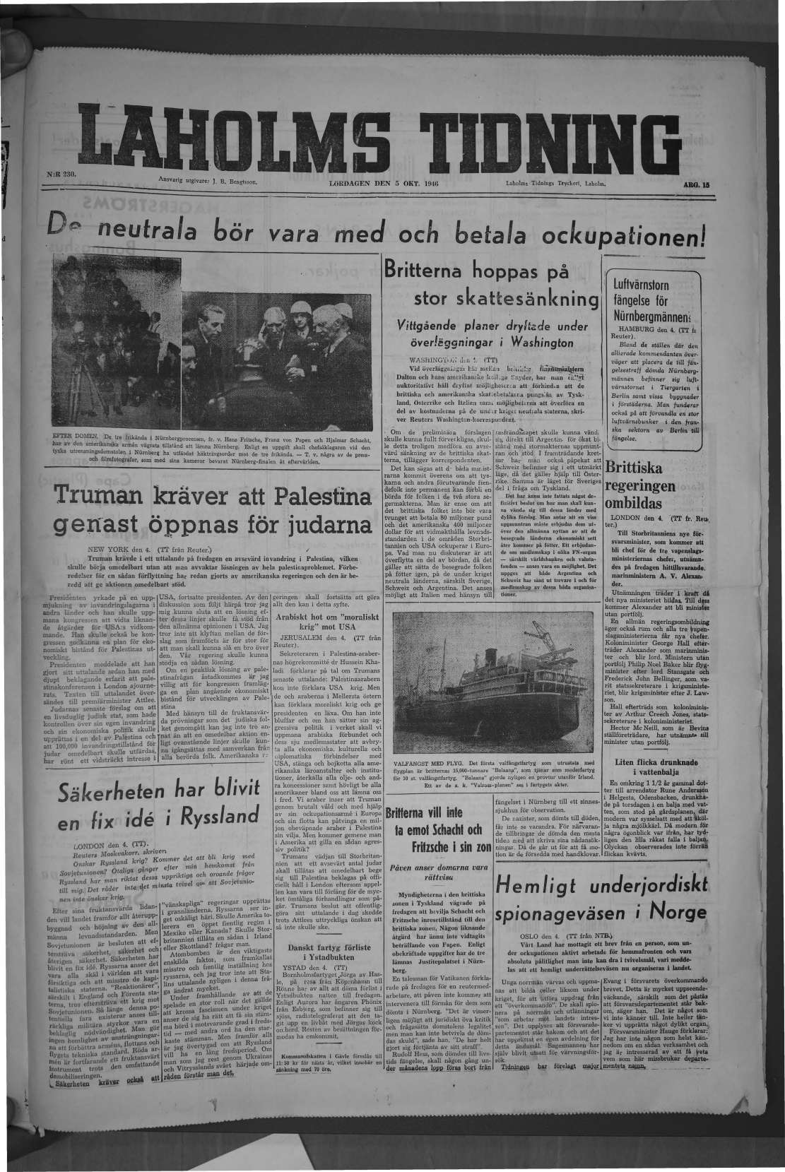 Laholms Tidning Lördag 5 oktober 1946, sida 1