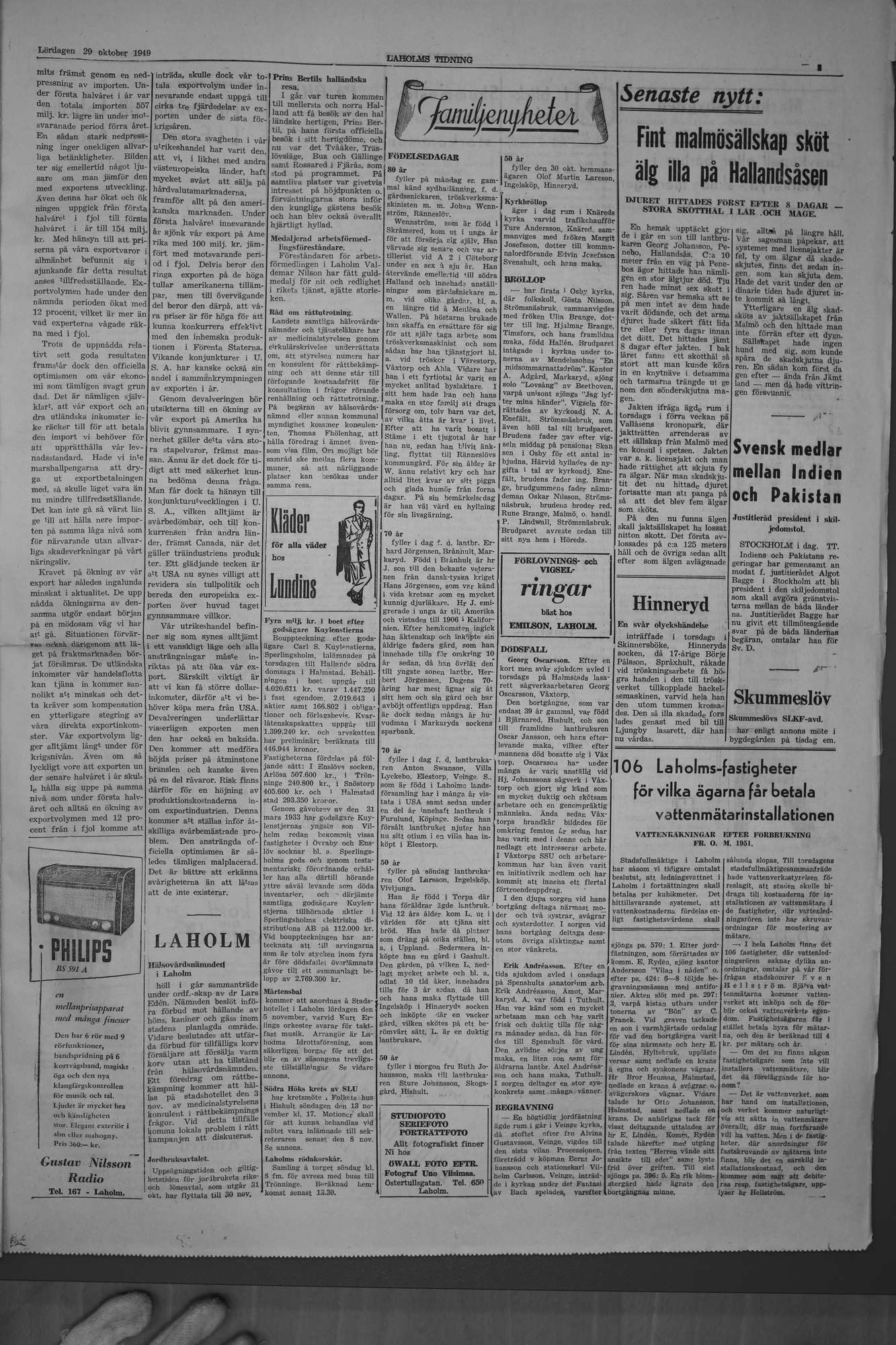 Laholms Tidning Lördag 29 oktober 1949, sida 3