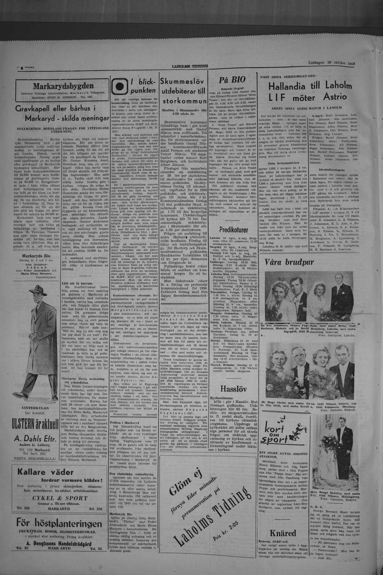 Laholms Tidning Lördag 29 oktober 1949, sida 4