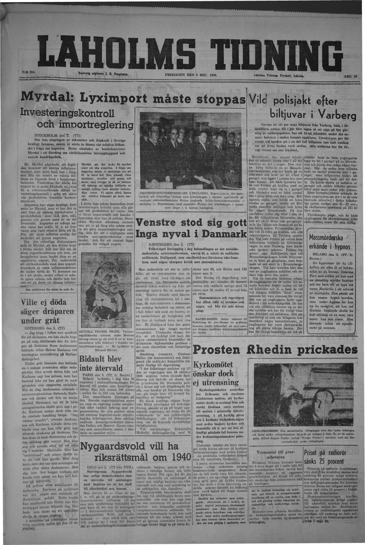 Laholms Tidning Fredag 6 december 1946, sida 1
