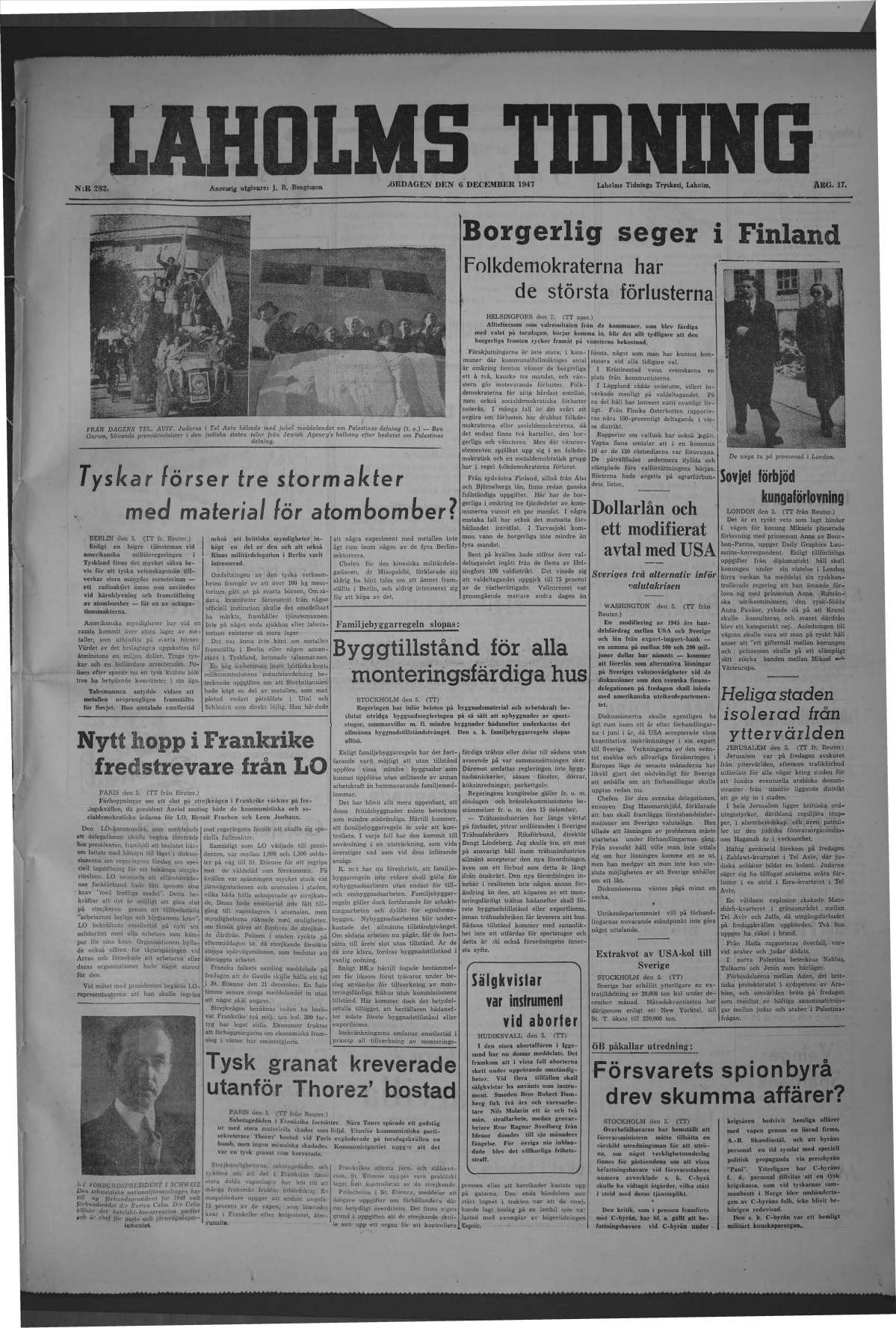 Laholms Tidning Lördag 6 december 1947, sida 1