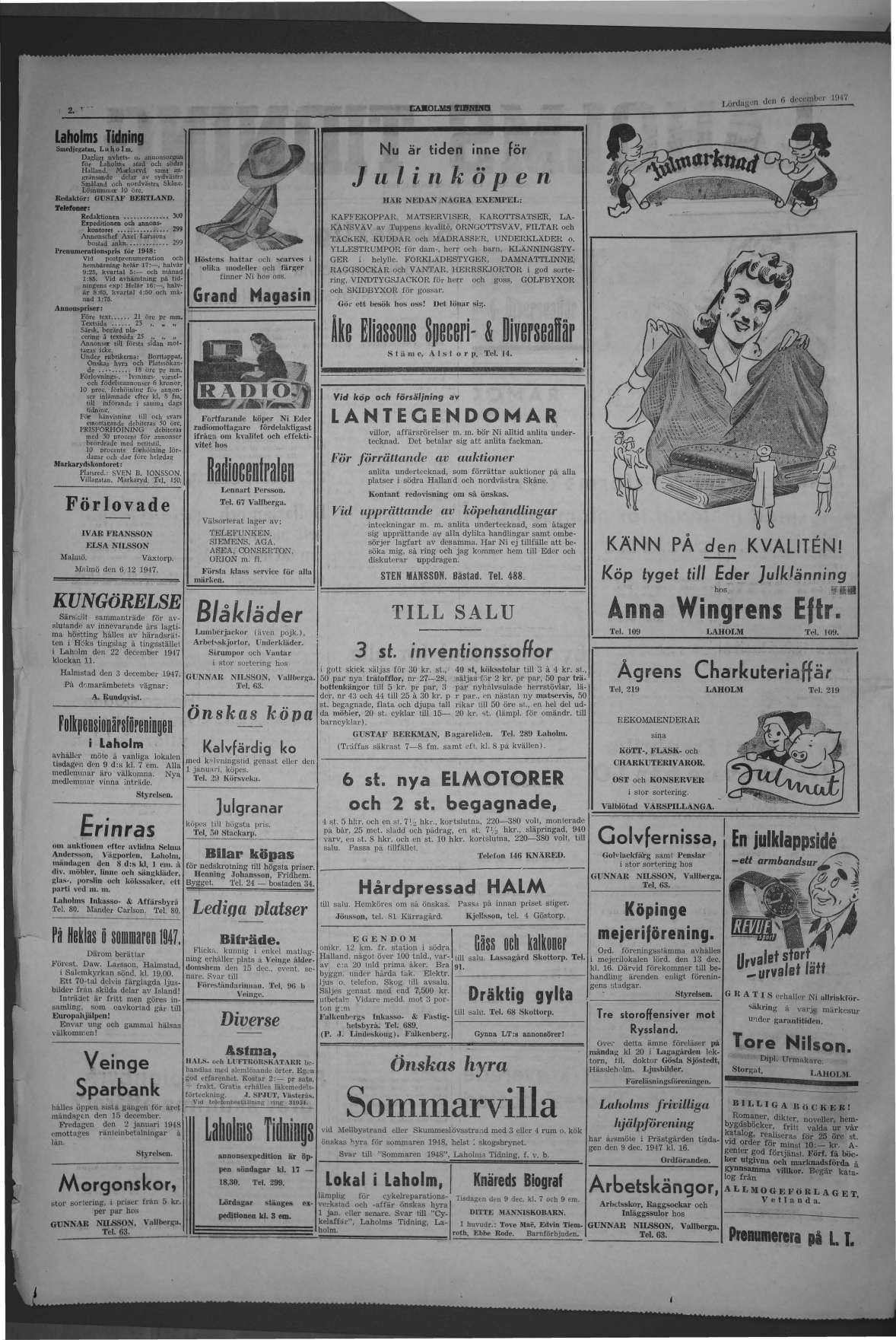 Laholms Tidning Lördag 6 december 1947, sida 2