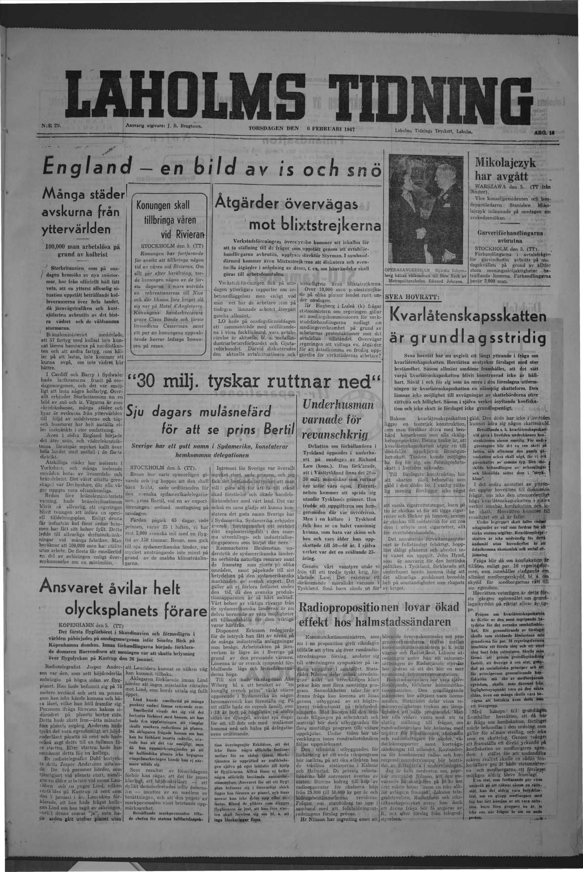 Laholms Tidning Torsdag 6 februari 1947, sida 1