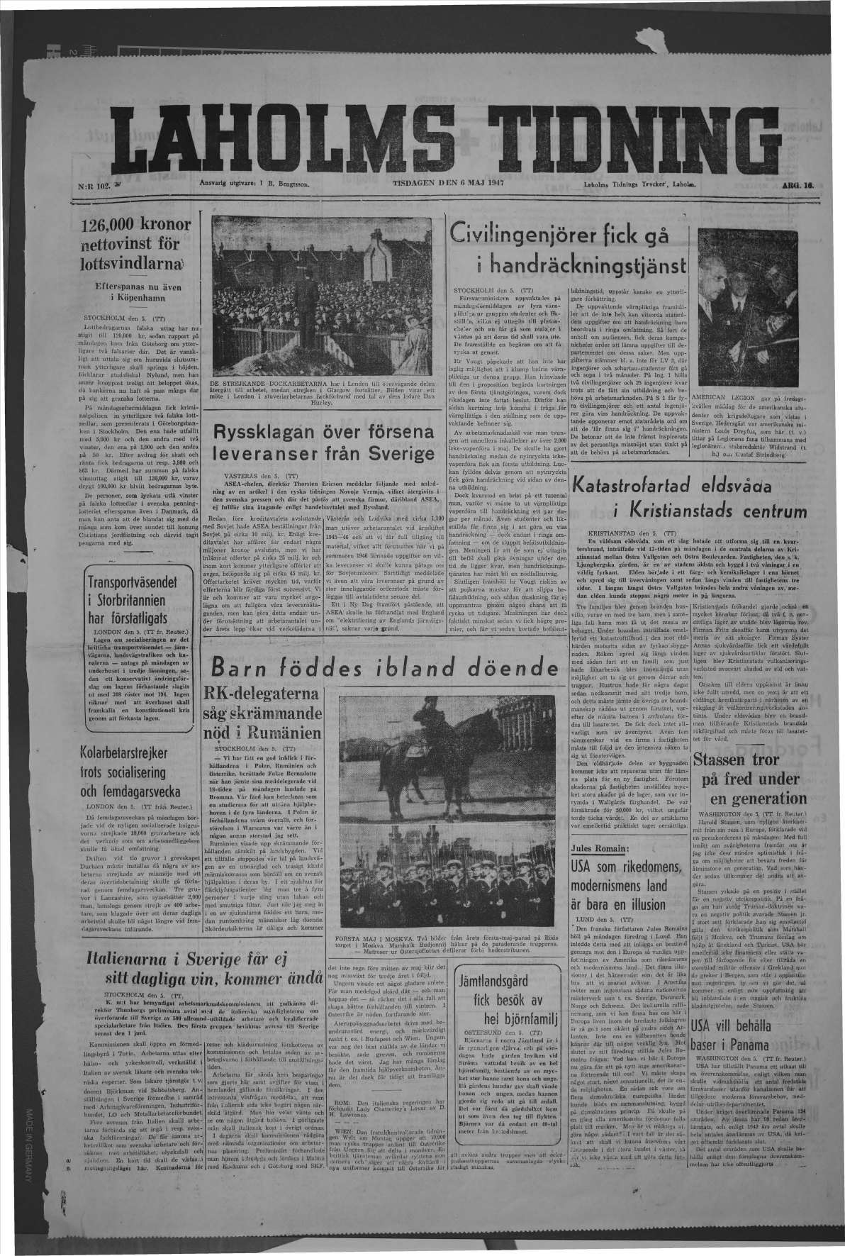 Laholms Tidning Tisdag 6 maj 1947, sida 1