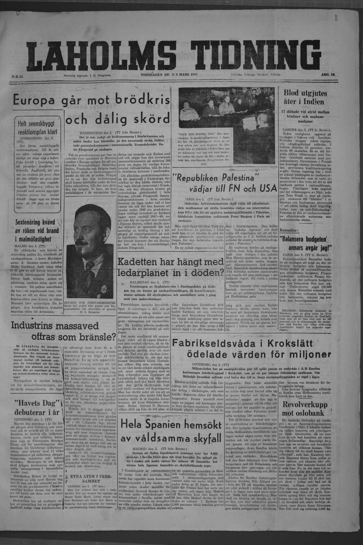 Laholms Tidning Torsdag 6 mars 1947, sida 1