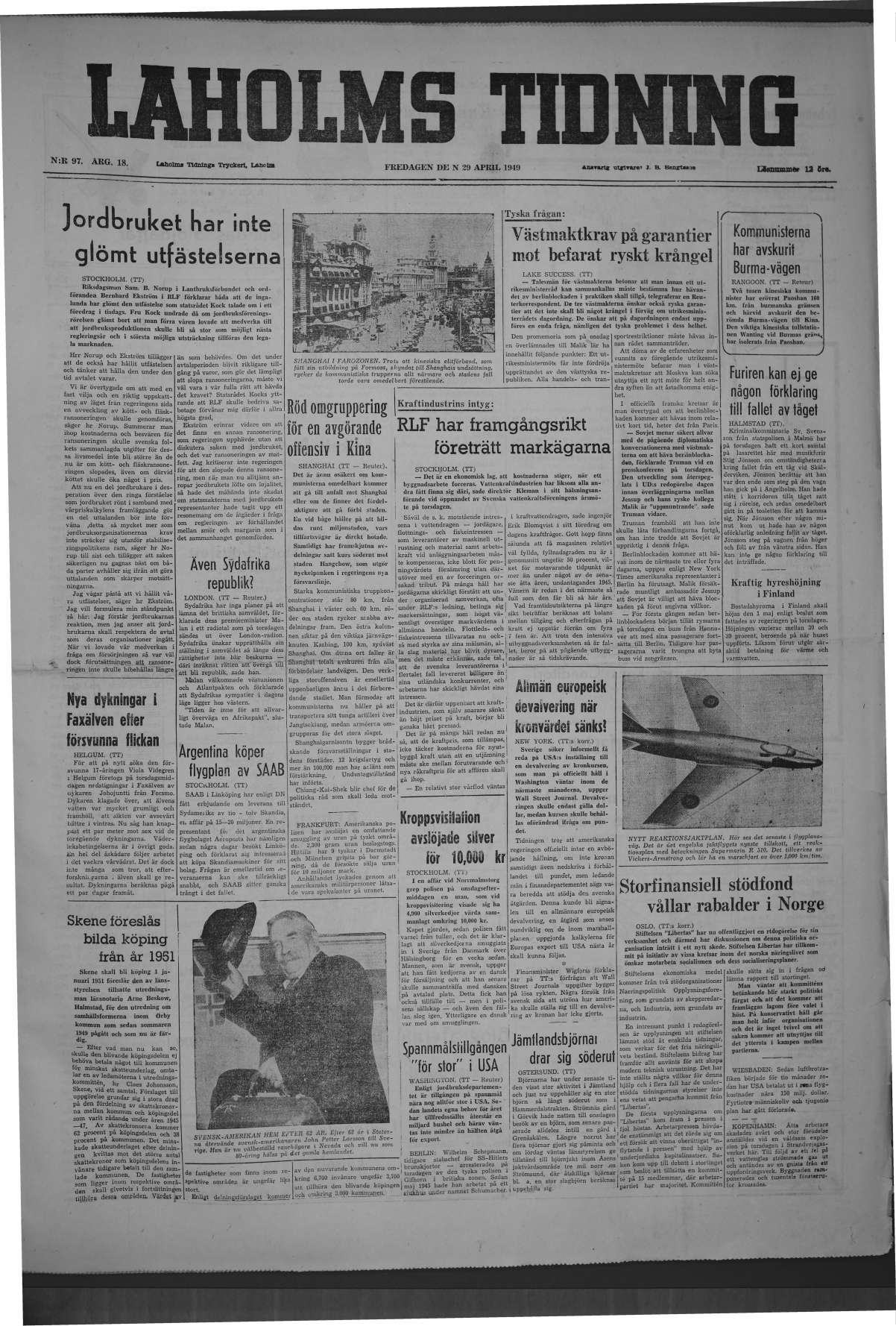 Laholms Tidning Fredag 29 april 1949, sida 1