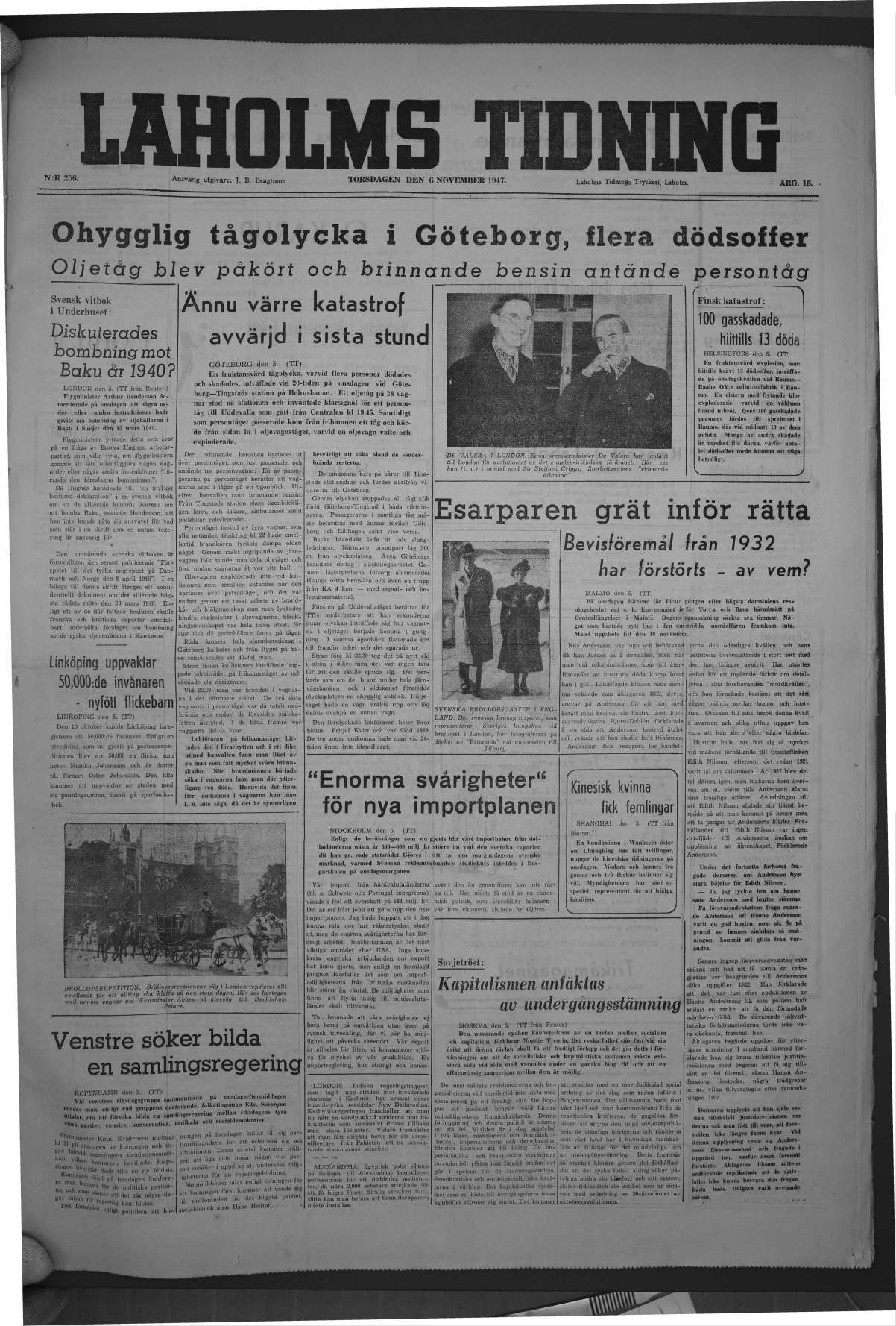 Laholms Tidning Torsdag 6 november 1947, sida 1