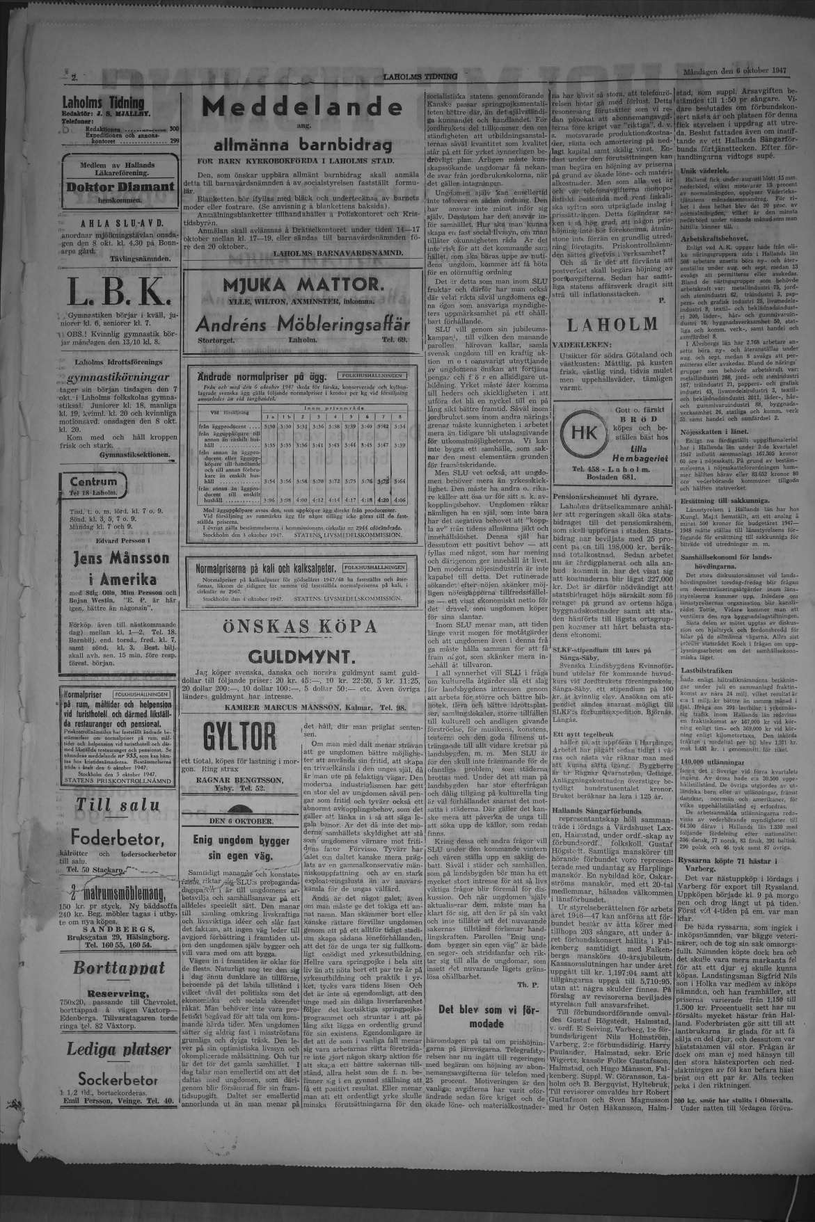Laholms Tidning Måndag 6 oktober 1947, sida 2