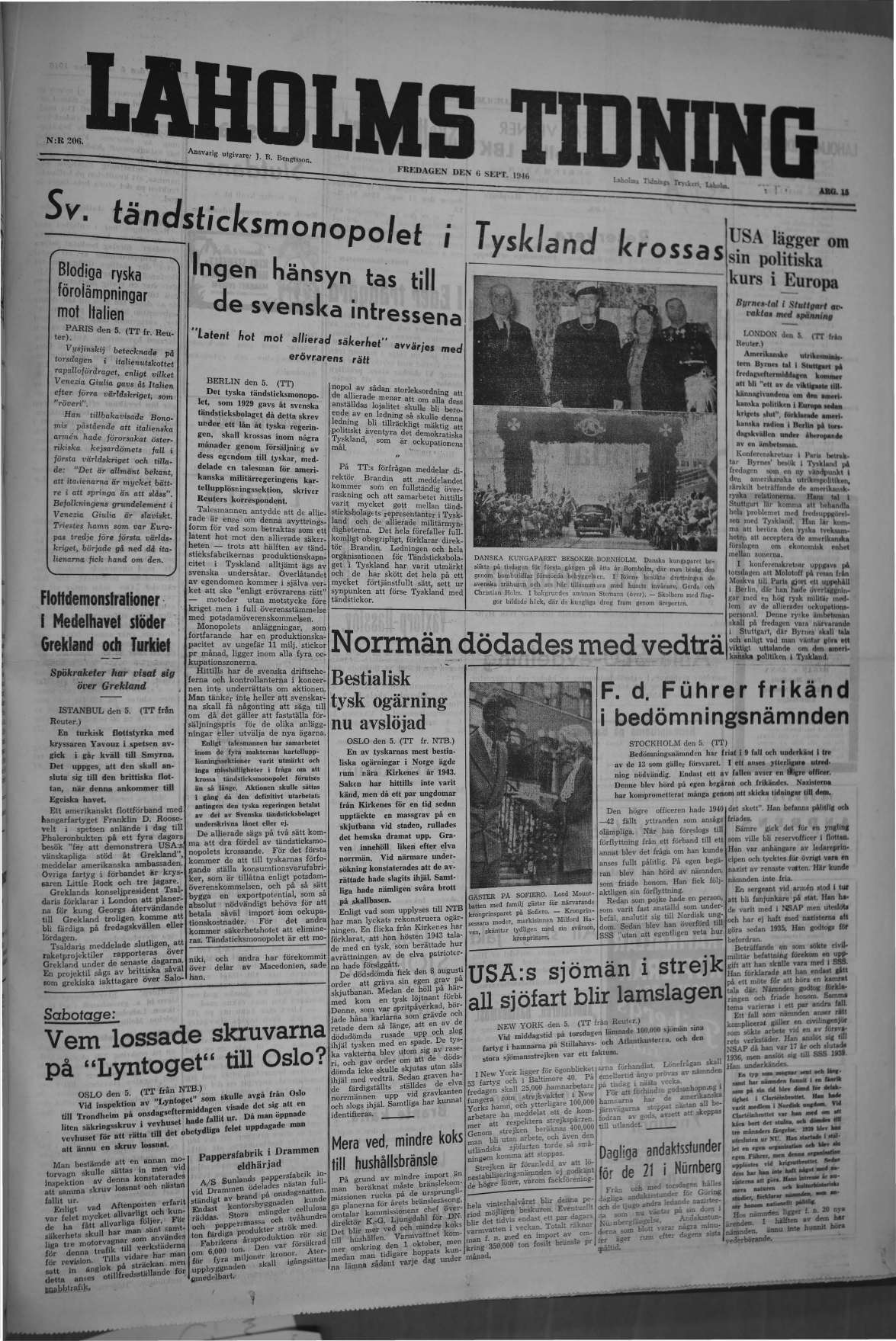 Laholms Tidning Fredag 6 september 1946, sida 1