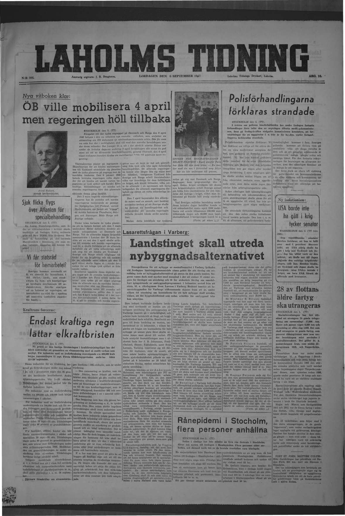 Laholms Tidning Lördag 6 september 1947, sida 1