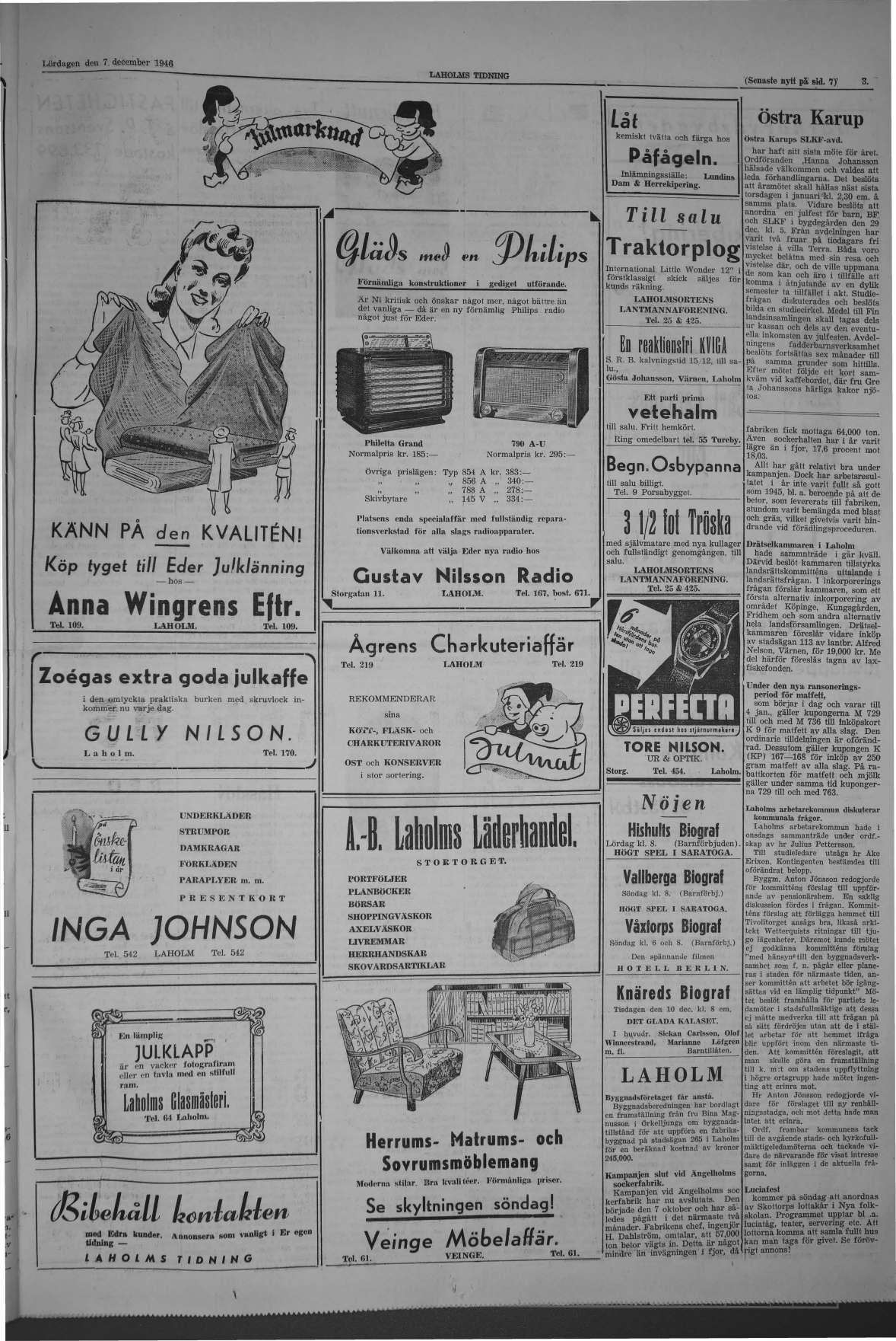 Laholms Tidning Lördag 7 december 1946, sida 3