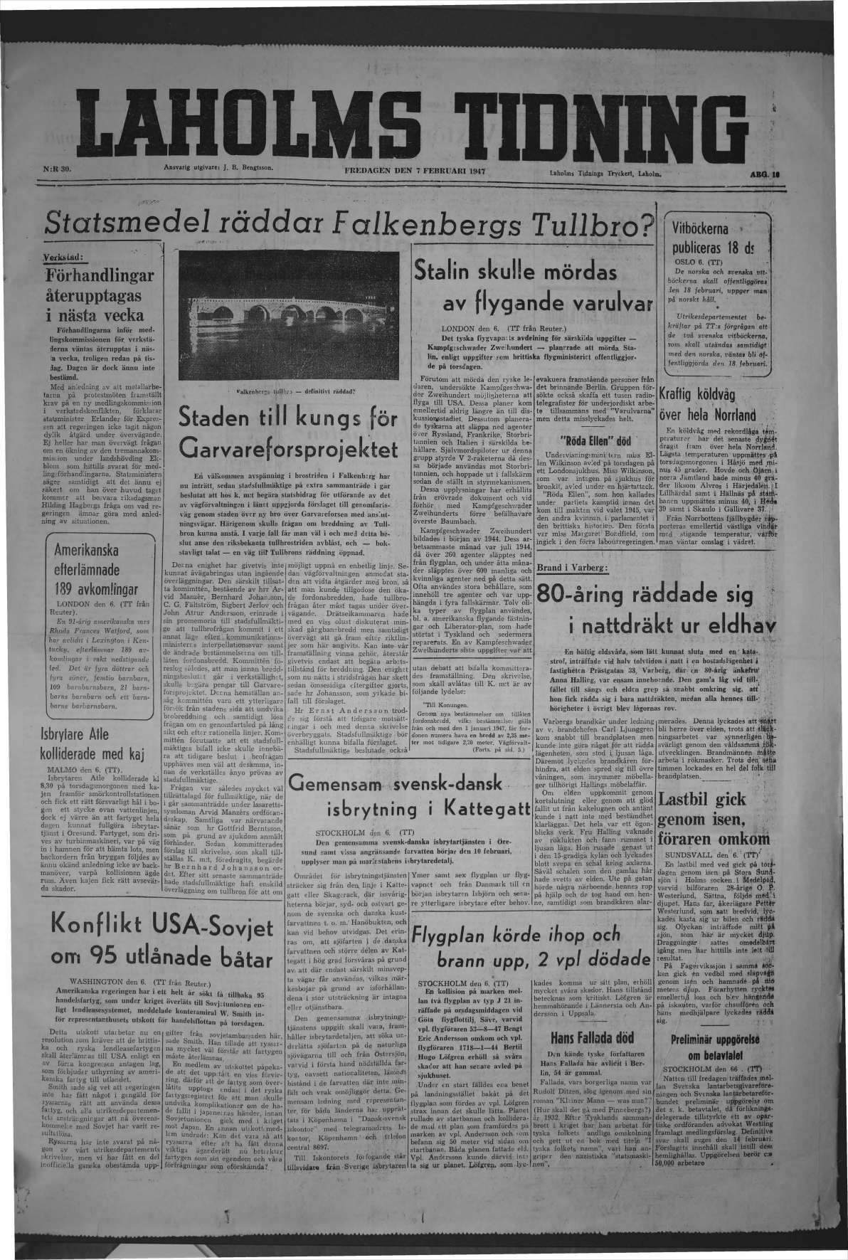 Laholms Tidning Fredag 7 februari 1947, sida 1