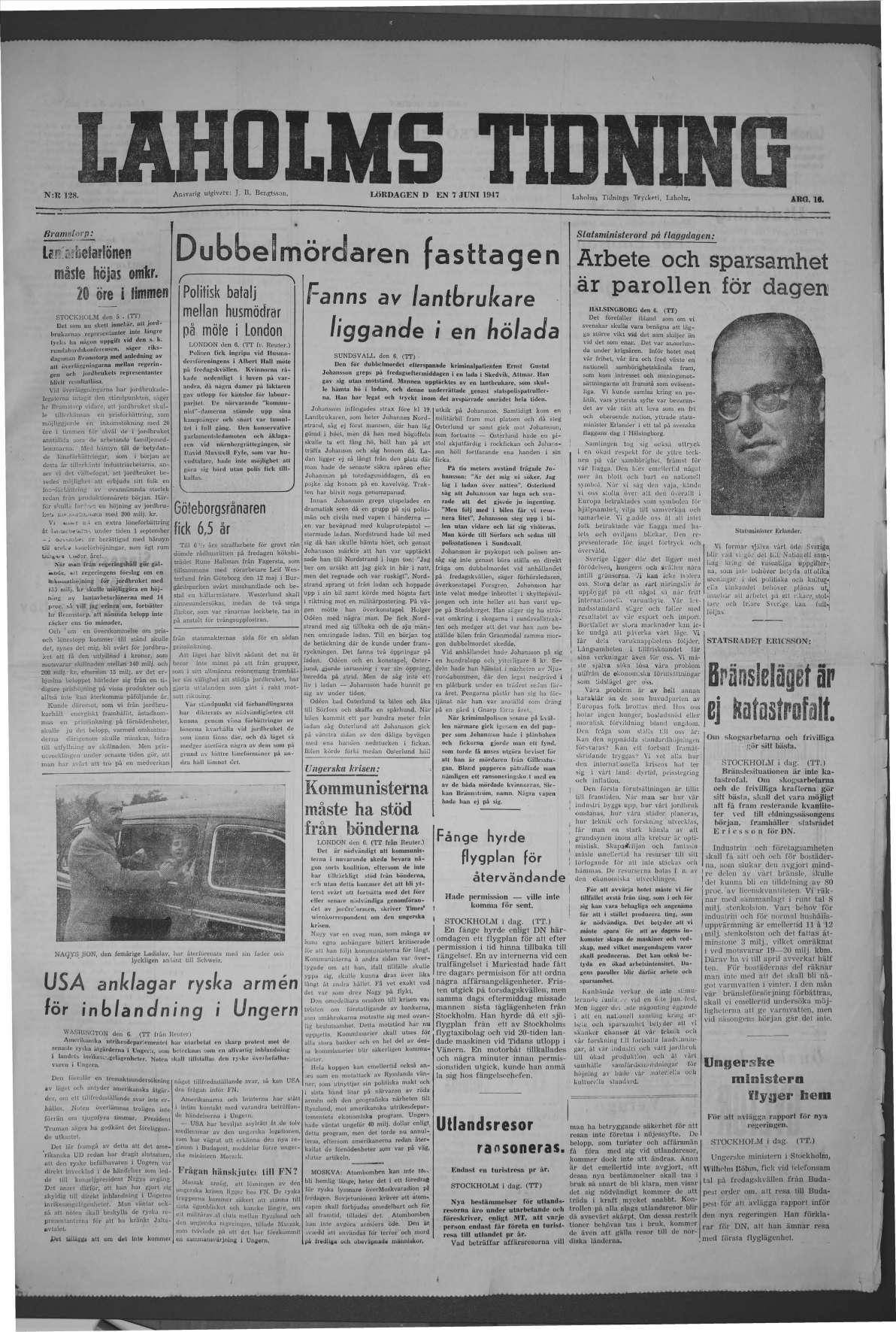 Laholms Tidning Lördag 7 juni 1947, sida 1