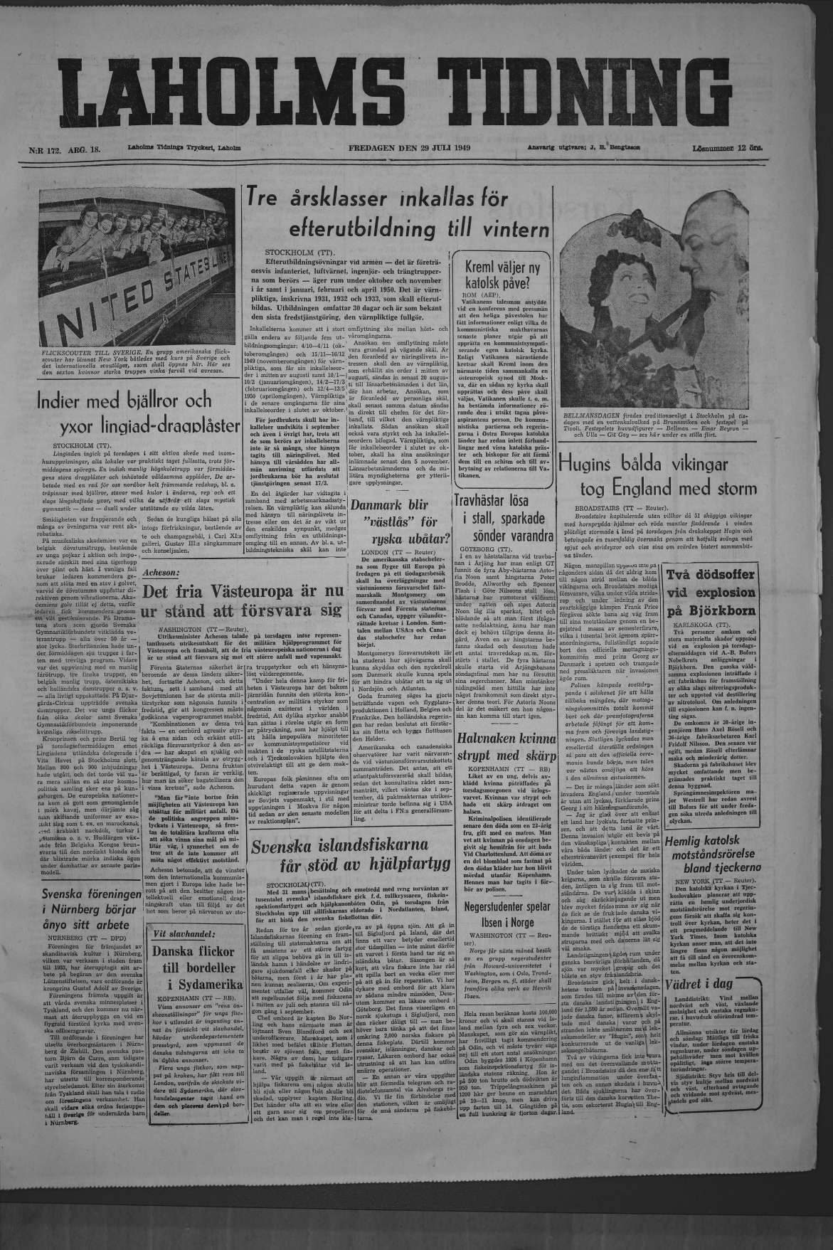 Laholms Tidning Fredag 29 juli 1949, sida 1