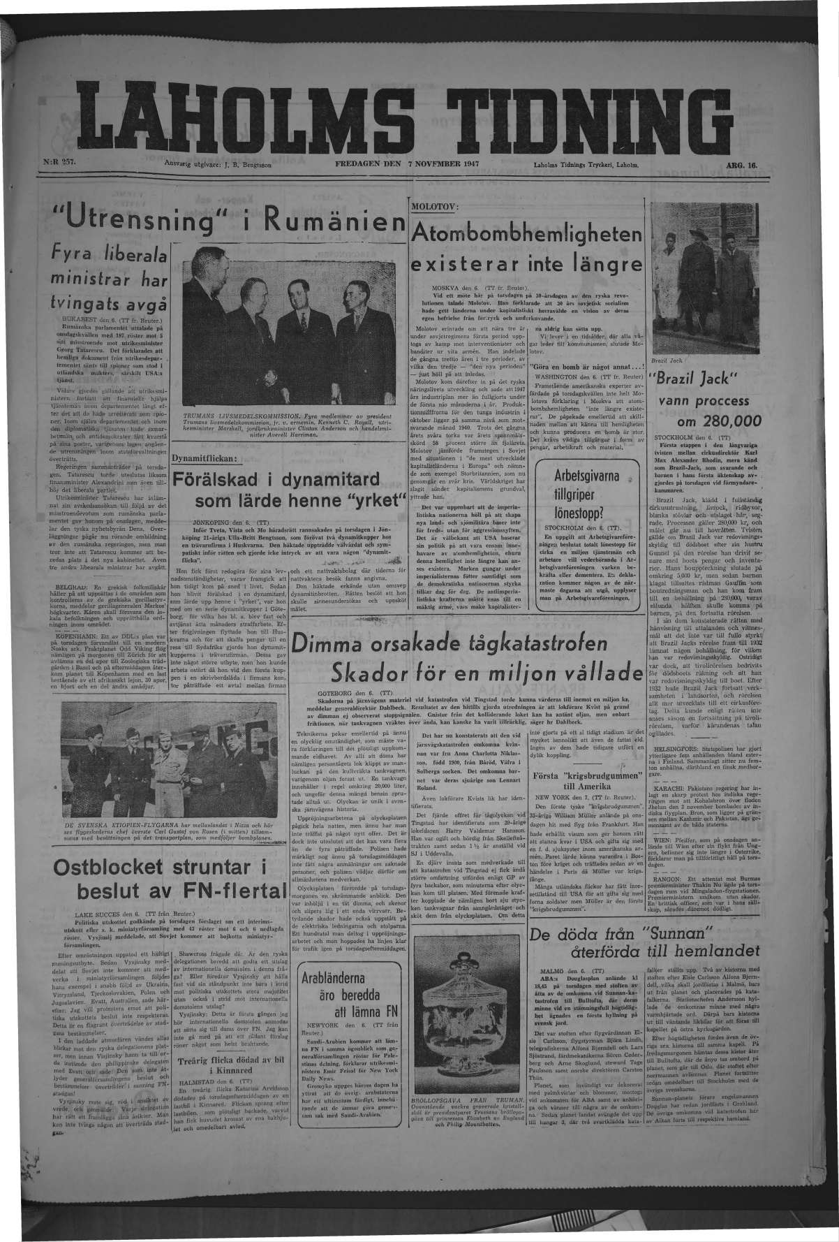 Laholms Tidning Fredag 7 november 1947, sida 1
