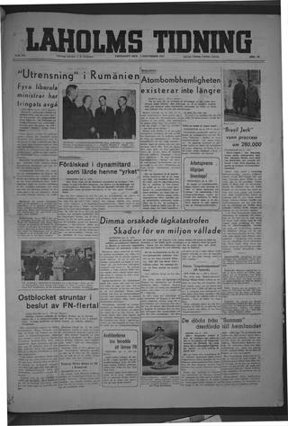 Förstasidan, Fredag 7 november 1947