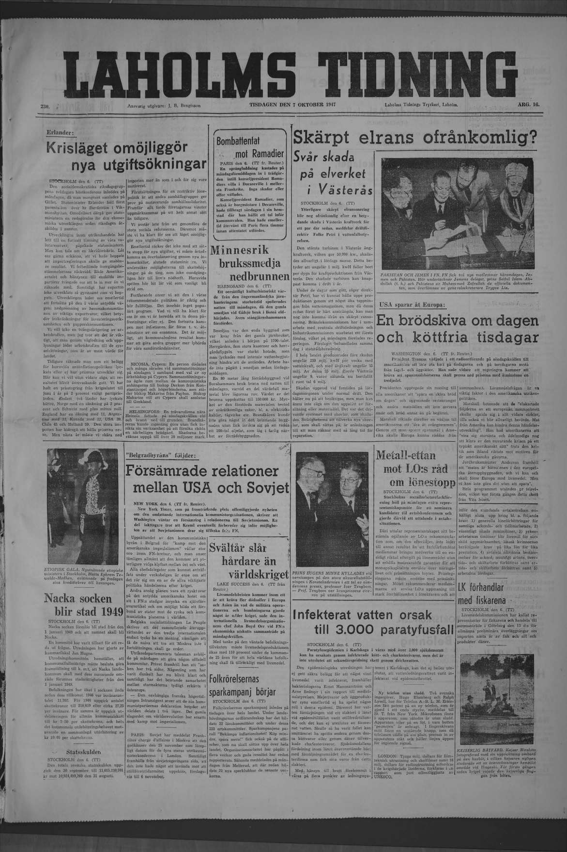 Laholms Tidning Tisdag 7 oktober 1947, sida 1